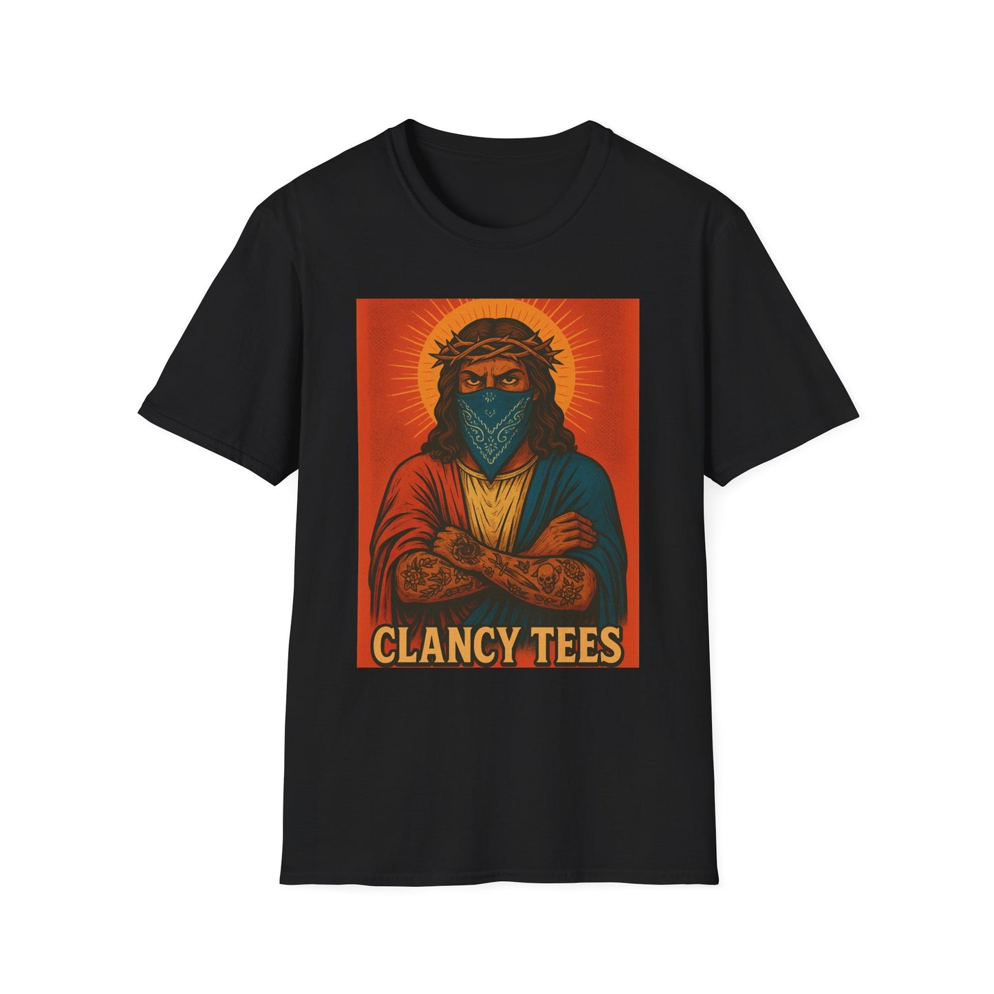 Gangsta Jesus Tattoo Shirt – Bold Religious Parody Tee with Face Mask – Street Art Style Graphic – Gift for Rebels, Sinners, and Faithful Rule-Breakers