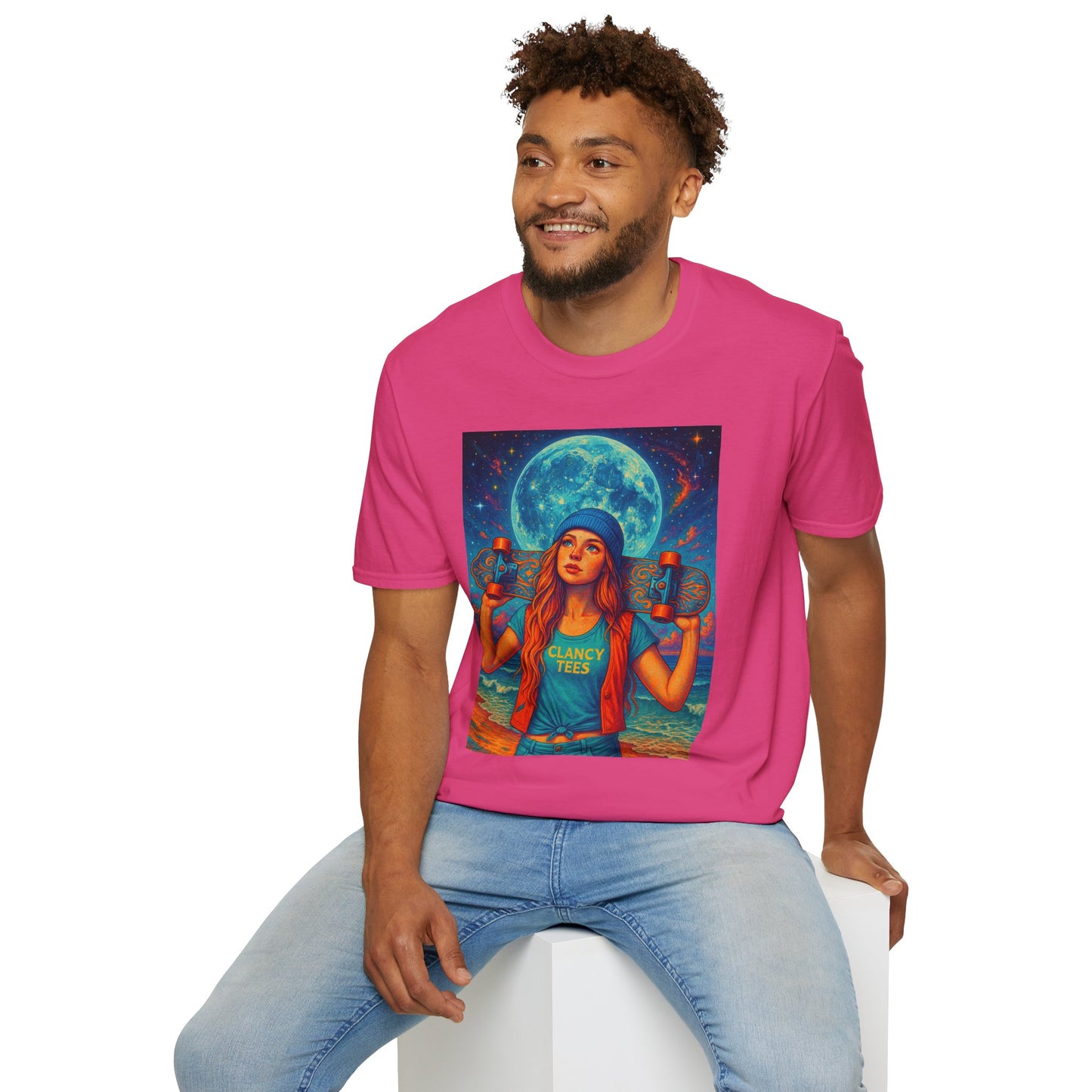 Bohemian Skater Girl Graphic Tee, Unisex T-Shirt with Moon & Nature Design, Perfect for Festivals, Gift for Nature Lovers, Summer Vibes, Casual Wear