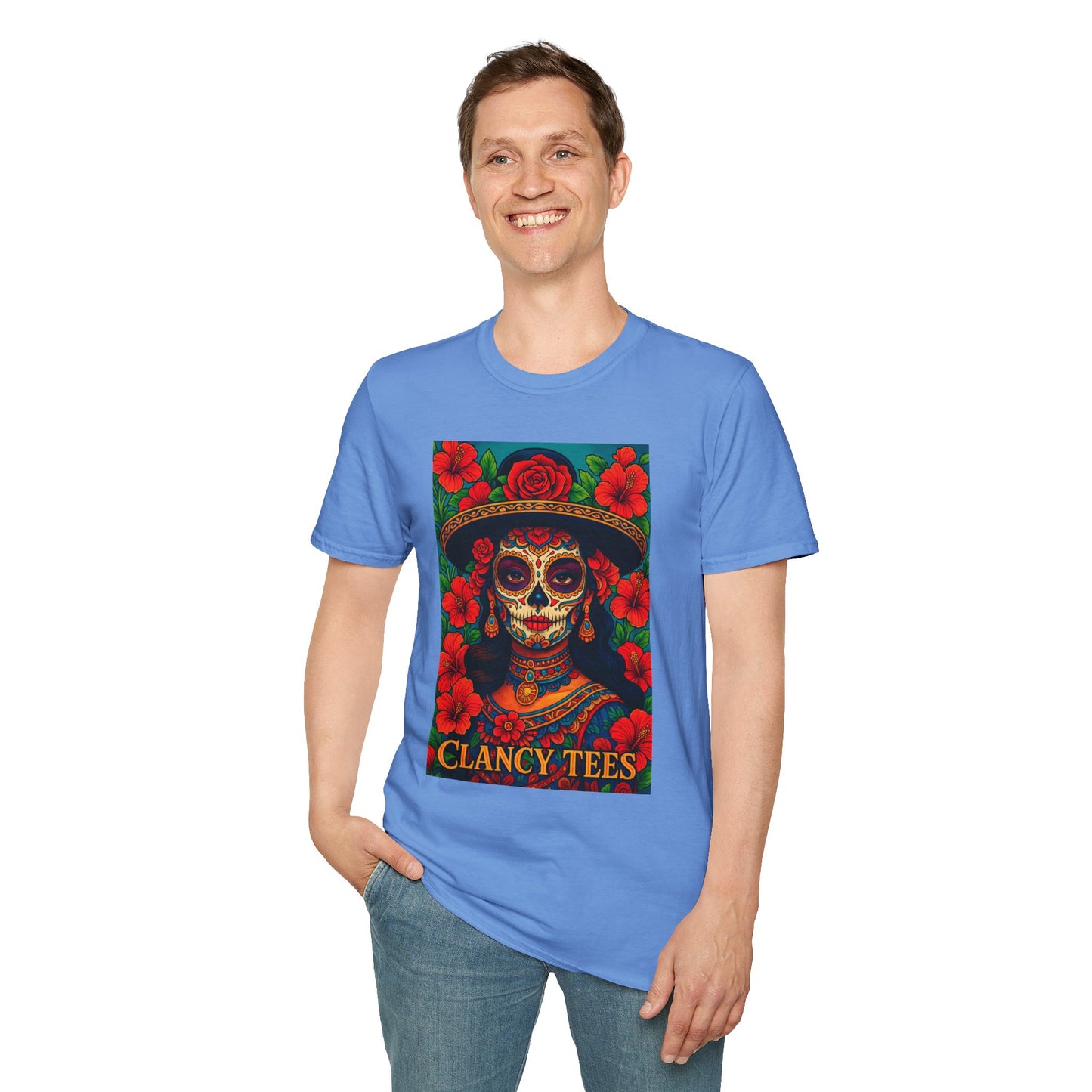 Colorful Sugar Skull T-Shirt, Day of the Dead Tee, Unique Graphic Shirt, Festival Apparel, Gift for Halloween, Unisex Softstyle Tee