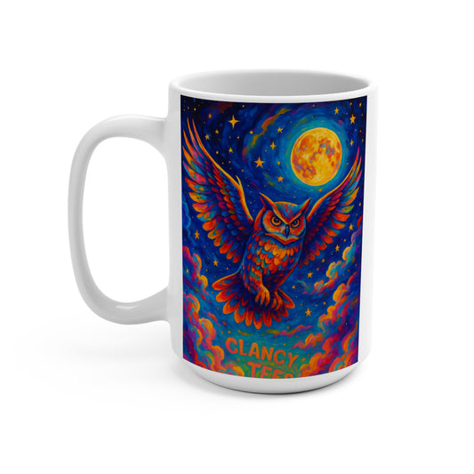 Psychedelic Owl Coffee Mug Colorful Full Moon Artwork Cosmic Bird Cup Unique Gift For Fantasy And Night Sky Lovers