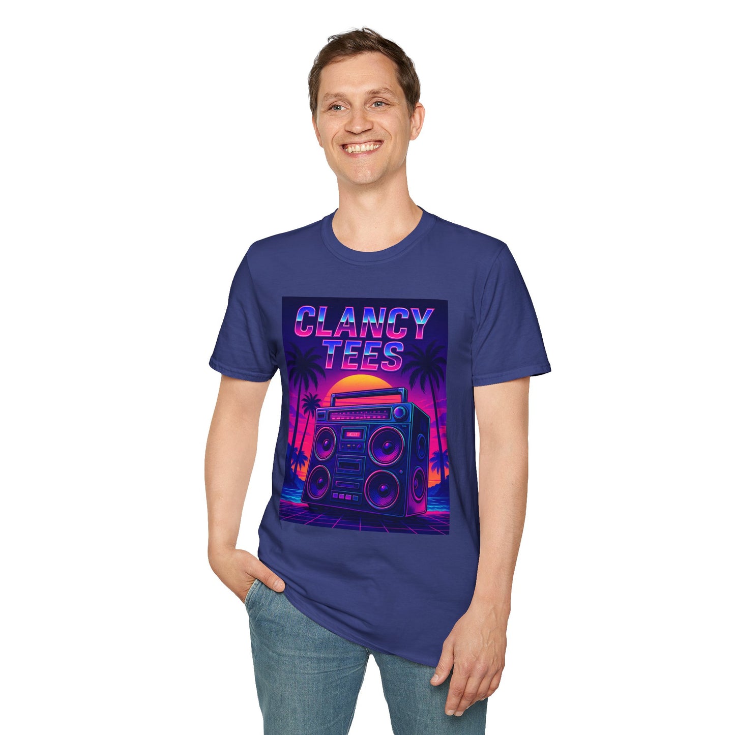 Retro Boombox Sunset Tee – Vaporwave Clancy Tees Shirt – Gift for 80s Kids, Music Lovers, Synthwave Fans & Nostalgic Neon Dreamers