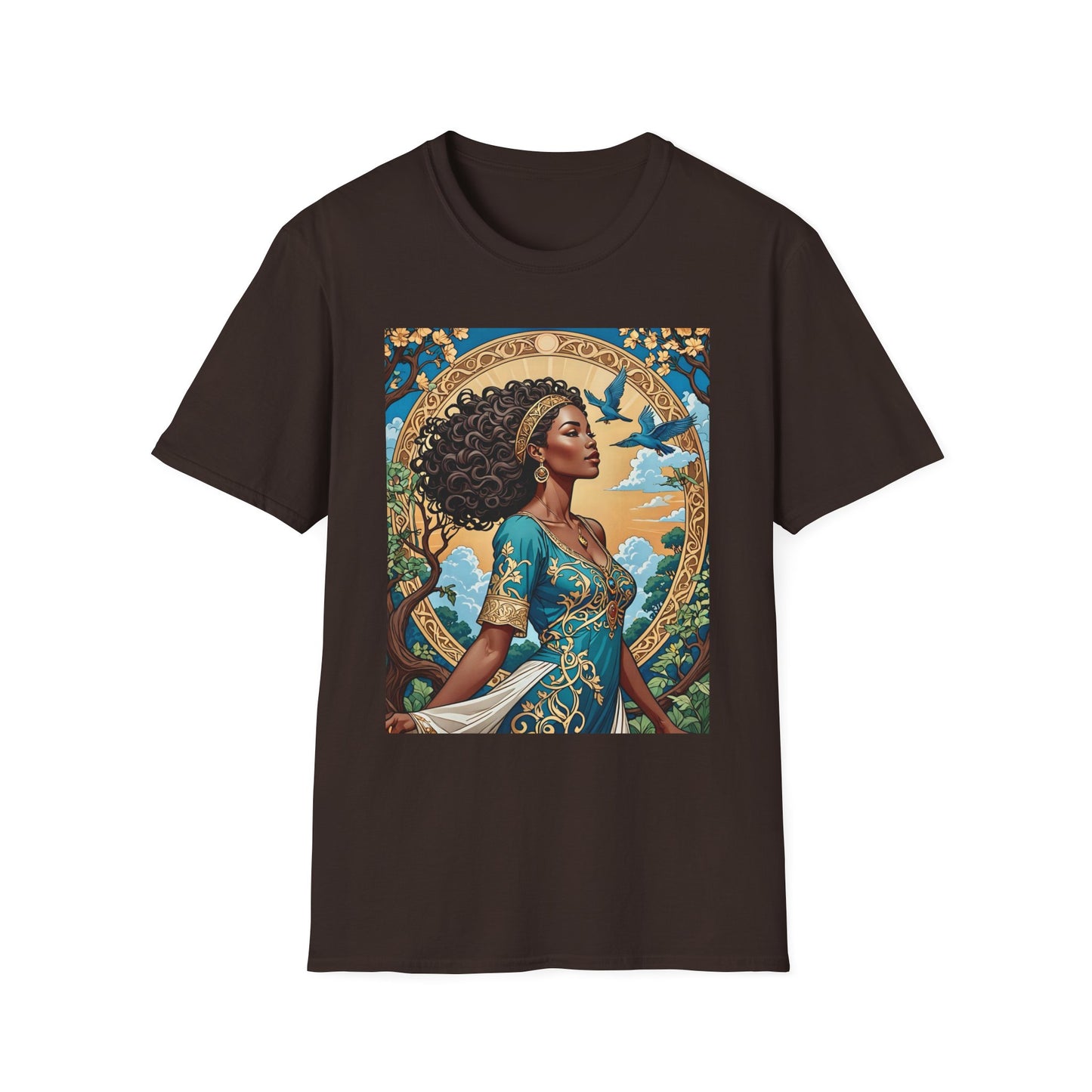 Bohemian Goddess T-Shirt, Unisex Softstyle Tee, Nature-Inspired Apparel, Gift for Women, Artistic Graphic Shirt, Eco-Friendly Fashion