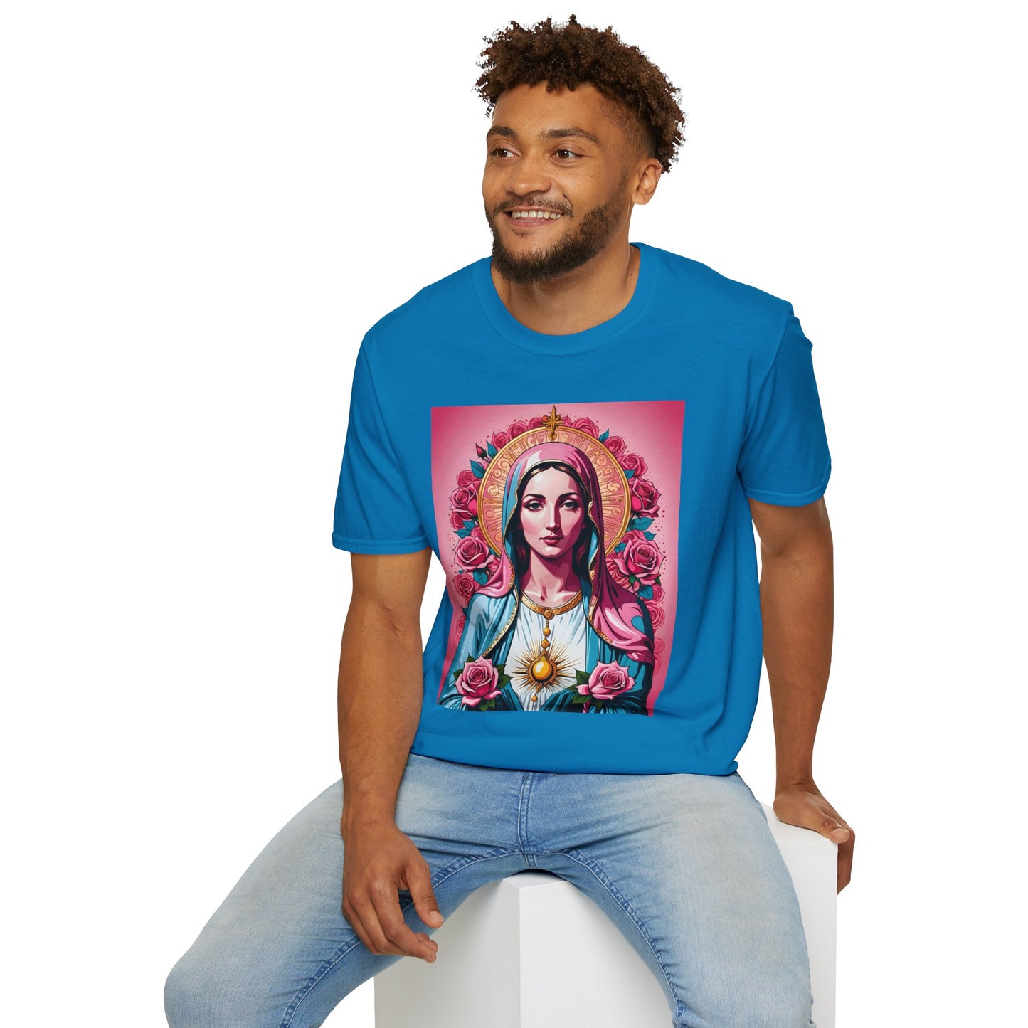 Unisex Softstyle T-Shirt with Sacred Heart Design, Spiritual Apparel, Artistic Gift for Many Occasions, Vintage Aesthetic, Festive Wear
