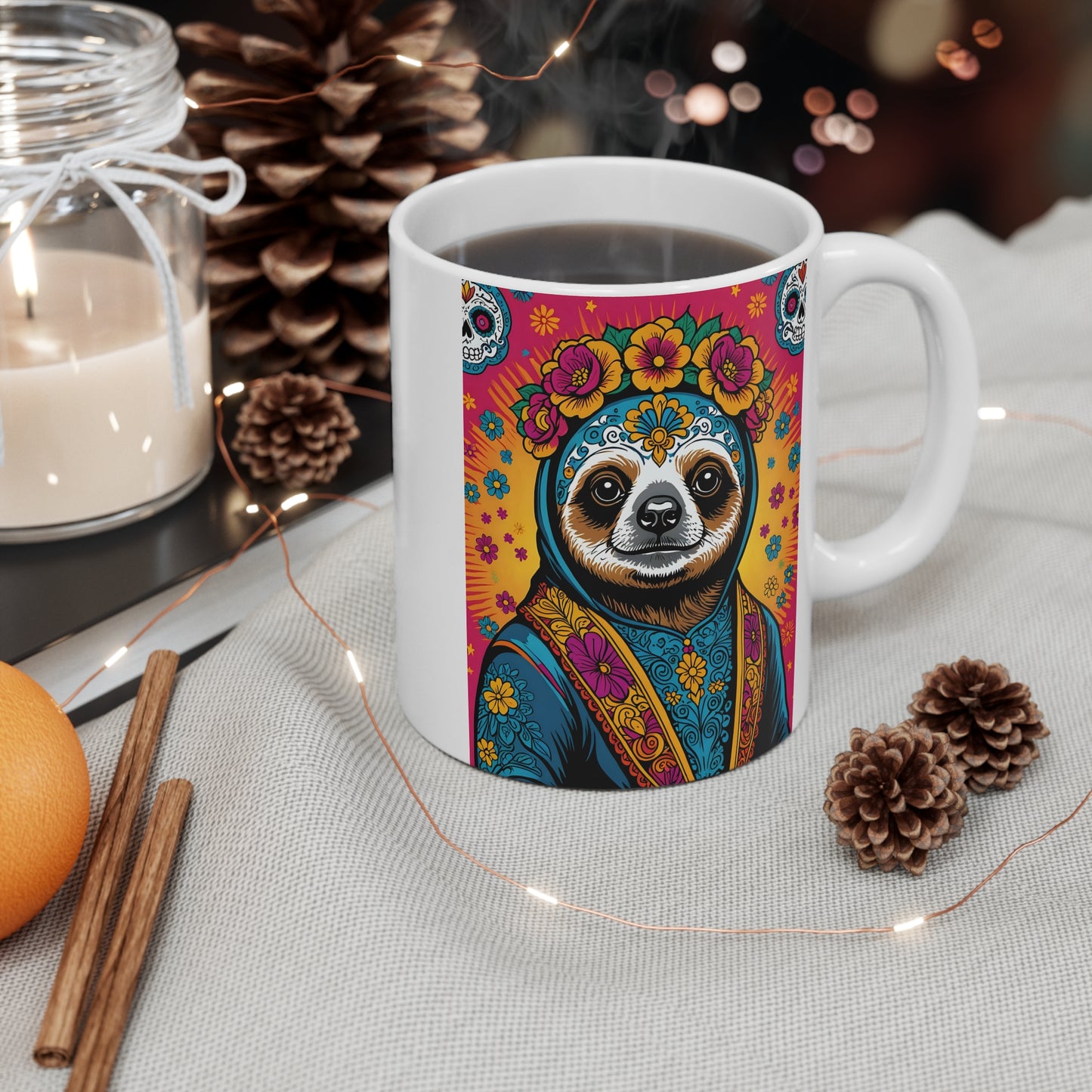 Colorful Sloth Coffee Mug 11oz Ceramic Cup Day Of The Dead Inspired Drinkware Vibrant Sugar Skull Artwork Unique Animal Design For Coffee And Tea