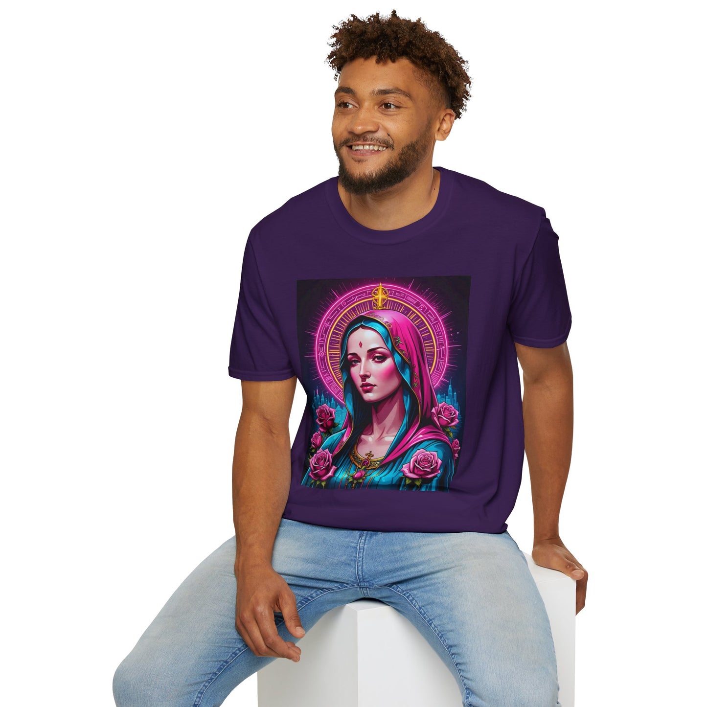 Religious Graphic Tee - Vibrant Mary Artwork, Gift for Devotees, Floral Design Shirt, Faith-Inspired Apparel, Everyday Wear
