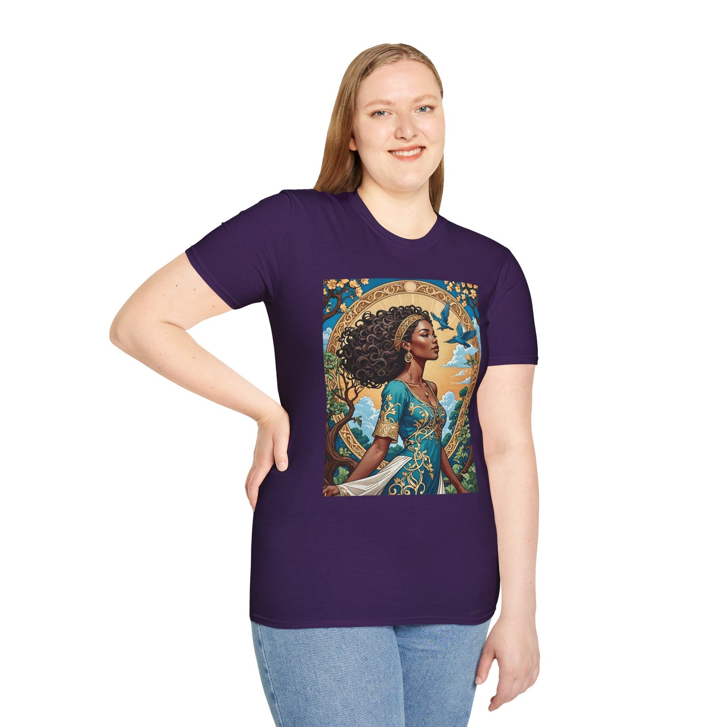 Bohemian Goddess T-Shirt, Unisex Softstyle Tee, Nature-Inspired Apparel, Gift for Women, Artistic Graphic Shirt, Eco-Friendly Fashion