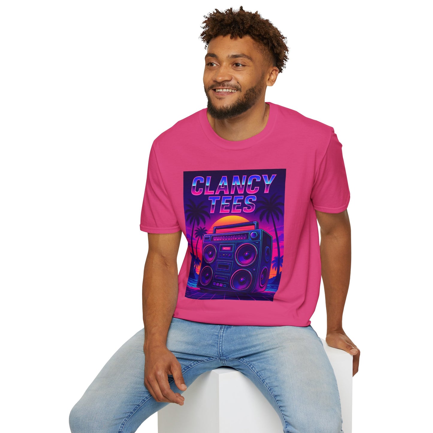 Retro Boombox Sunset Tee – Vaporwave Clancy Tees Shirt – Gift for 80s Kids, Music Lovers, Synthwave Fans & Nostalgic Neon Dreamers