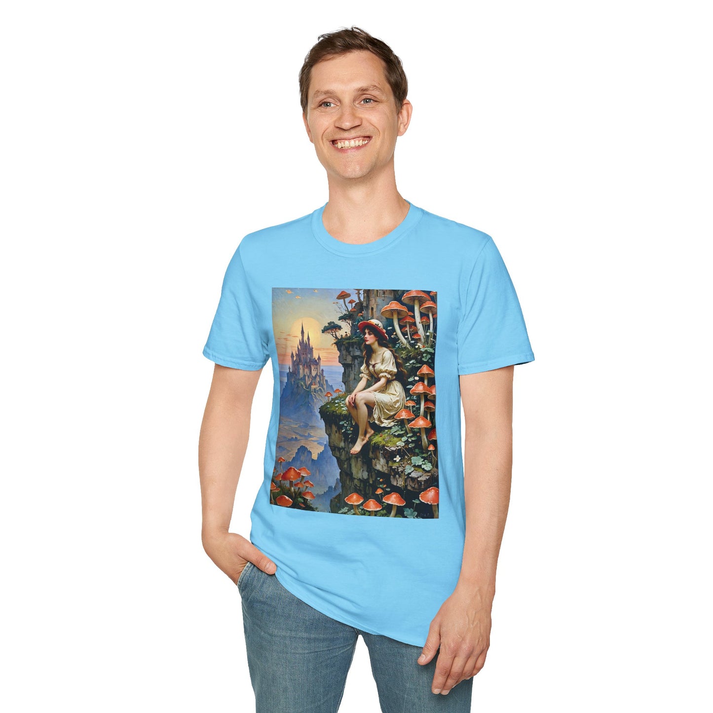 Fantasy Mushroom Fairy T-Shirt Enchanted Castle Cliffside Tee Surreal Magic Art Shirt Gift for Fantasy Fans Gift for Dreamers Psychedelic Nature Tee