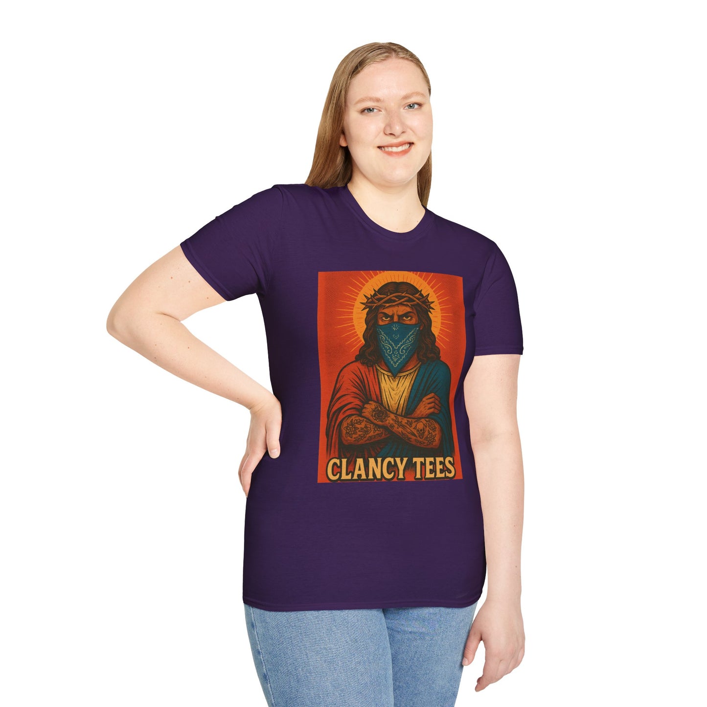 Gangsta Jesus Tattoo Shirt – Bold Religious Parody Tee with Face Mask – Street Art Style Graphic – Gift for Rebels, Sinners, and Faithful Rule-Breakers