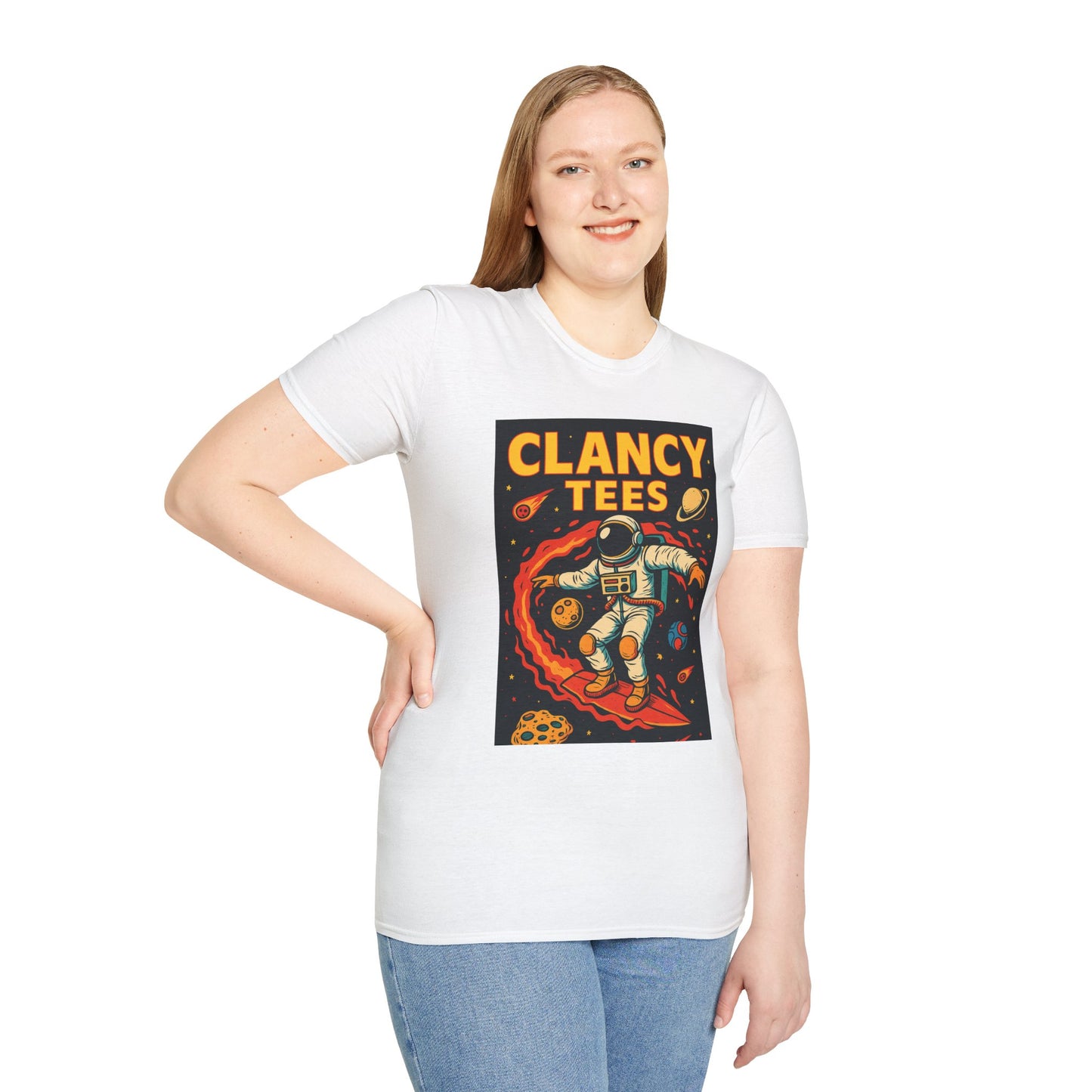 Astronaut Surfing T-Shirt – Outer Space Surfer Tee – Gift for Sci-Fi Beach Bums, Stoner Surfers, and Cosmic Wave Riders