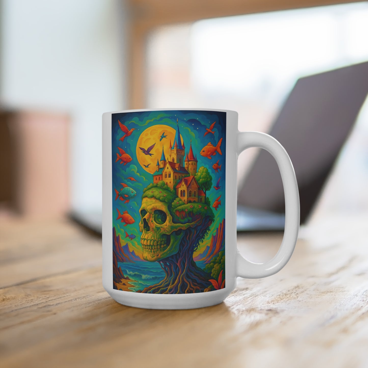 Surreal Skull Castle Coffee Mug Psychedelic Fantasy Artwork Gothic Skeleton Cup Unique Gift For Dark Art Lovers