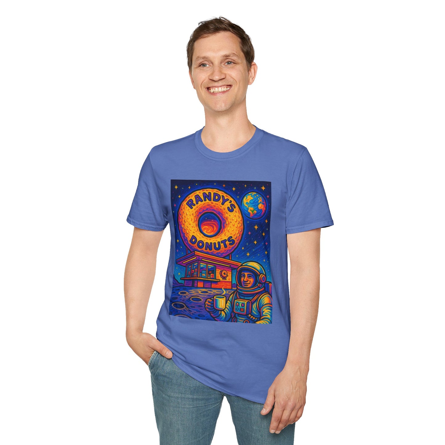 Space Donut T-Shirt – Retro Sci-Fi Astronaut Holding Coffee on the Moon – Gift for Foodies, Dreamers, and Outer Space Humor Fans