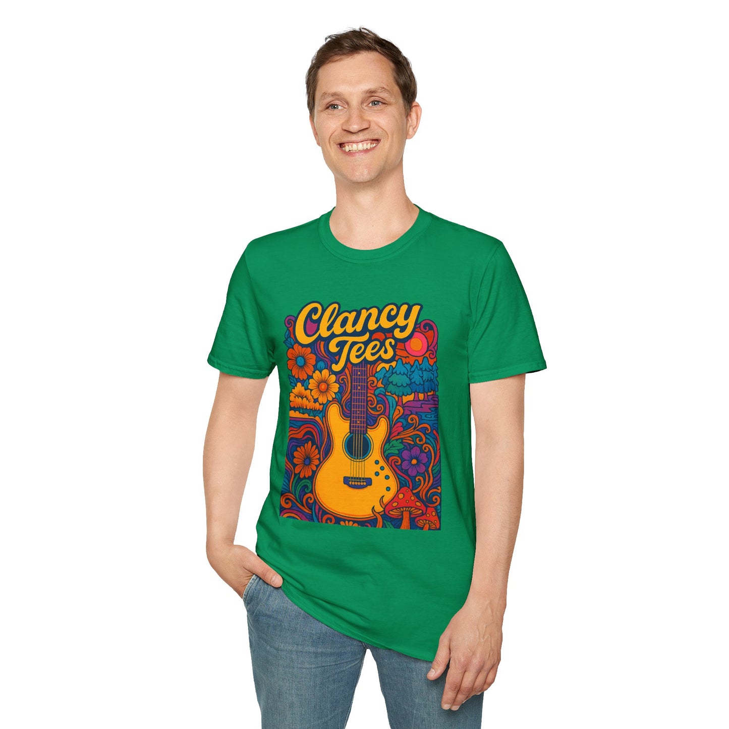 Retro Guitar Graphic T-Shirt for Music Lovers, Vintage Style Tee, Unisex Design, Ideal for Festivals and Gifts, Clancy Tees