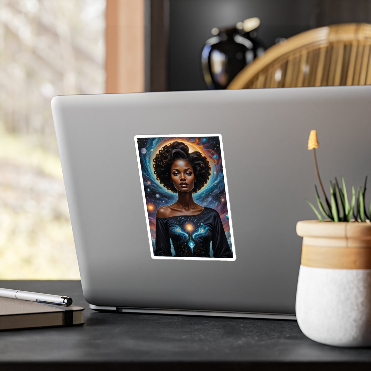 Cosmic Goddess Sticker – Kiss Cut Vinyl Decal, Afrofuturist Artwork, Galaxy Aesthetic, Gift for Spiritual Seekers