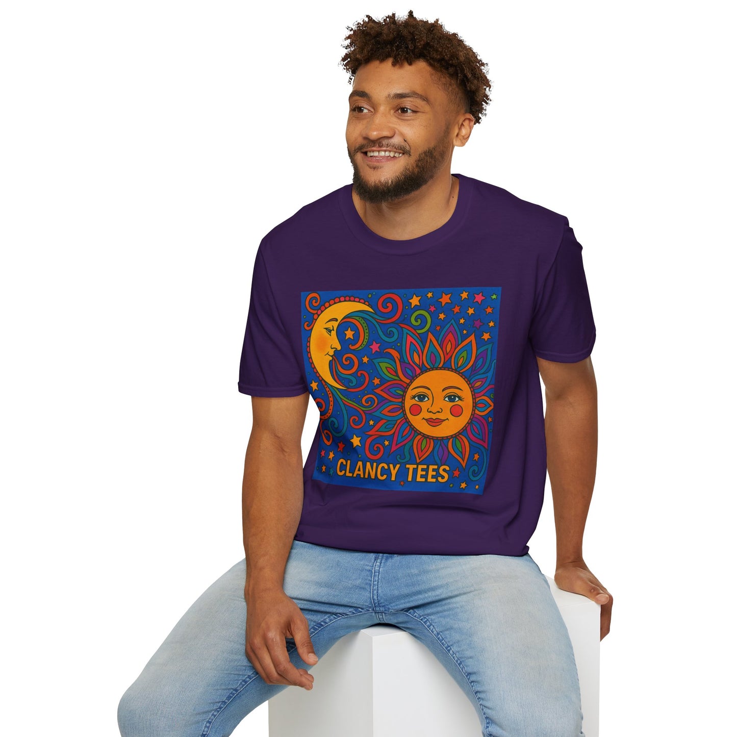 Sun and Moon Vibrant Tee, Unisex Softstyle T-Shirt for Summer Vibes, Boho Fashion, Gift for Her, Festival Wear, Casual Wear