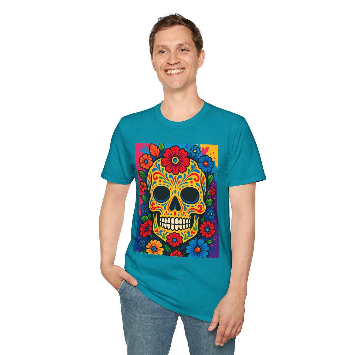 Colorful Sugar Skull Shirt | Day of the Dead Graphic Tee | Gift for Tattoo Lovers & Art Fans | Floral Skull T-Shirt
