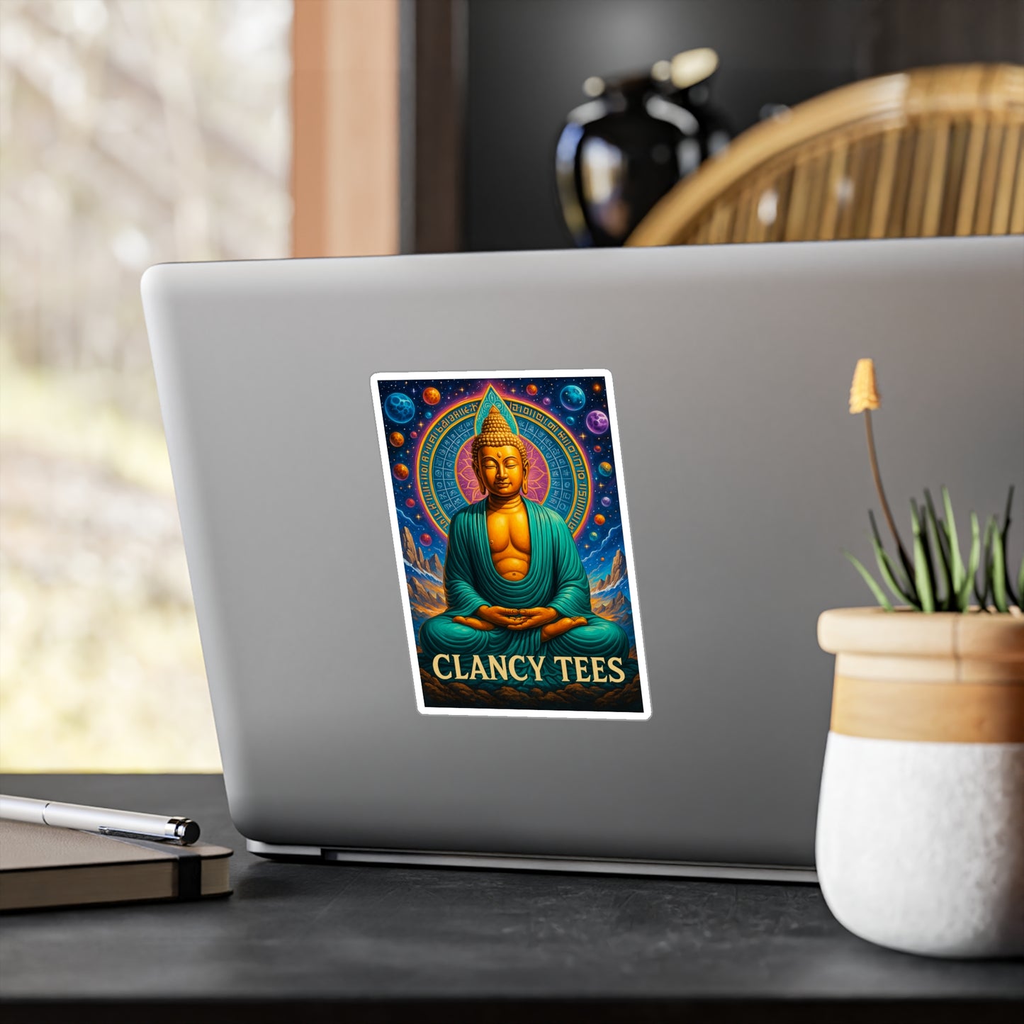 ClancyTees Cosmic Buddha Sticker – Kiss Cut Vinyl Decal, Spiritual Artwork, Galaxy Aesthetic, Gift for Mindfulness Fans