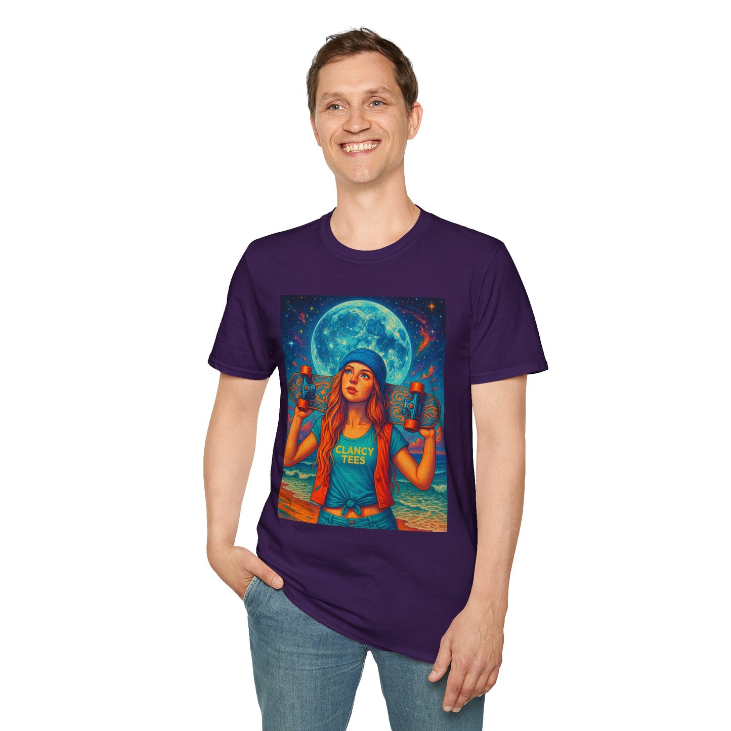 Bohemian Skater Girl Graphic Tee, Unisex T-Shirt with Moon & Nature Design, Perfect for Festivals, Gift for Nature Lovers, Summer Vibes, Casual Wear