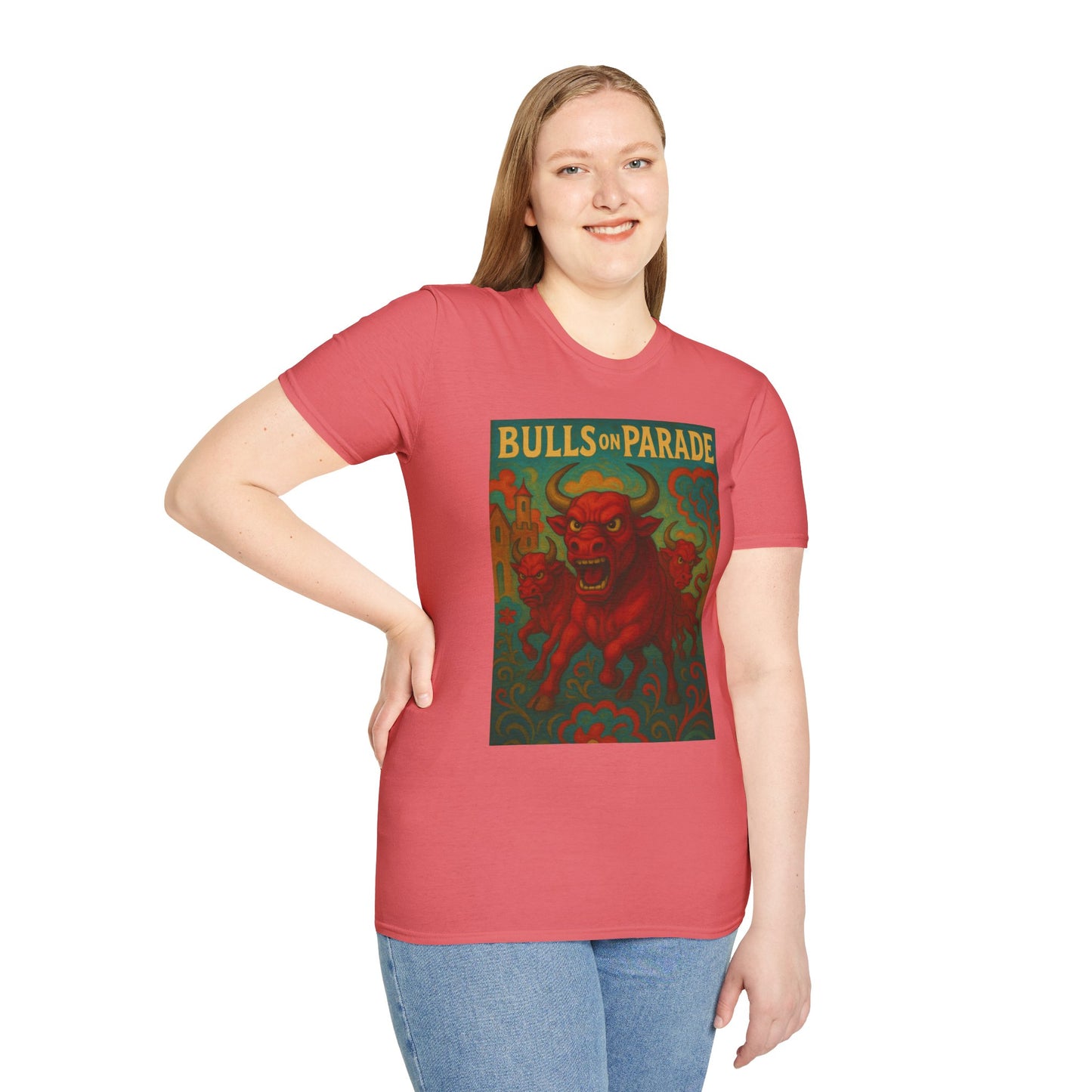 Bulls on Parade Shirt – Psychedelic Rage-Inspired Bull Graphic Tee • Gildan Softstyle® Unisex • Protest Art T-Shirt • Gift for Rage Fans