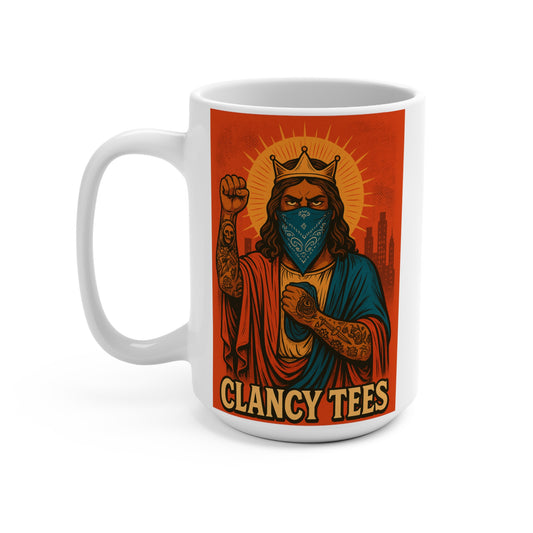 Rebel Jesus Coffee Mug – Bold Street Art 15oz Ceramic Cup, Tattooed Savior Artwork, Gift for Rebellious Coffee Lovers