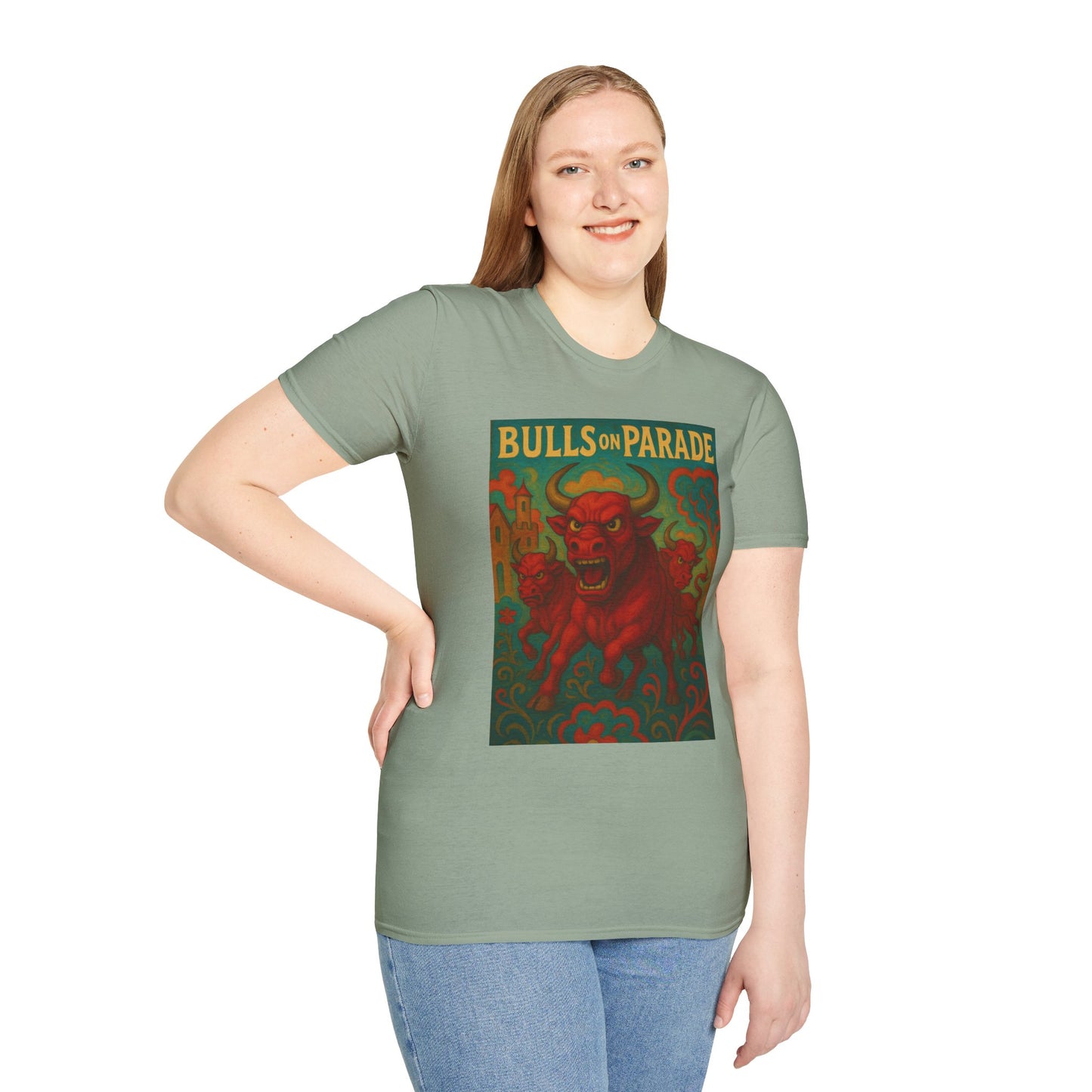 Bulls on Parade Shirt – Psychedelic Rage-Inspired Bull Graphic Tee • Gildan Softstyle® Unisex • Protest Art T-Shirt • Gift for Rage Fans