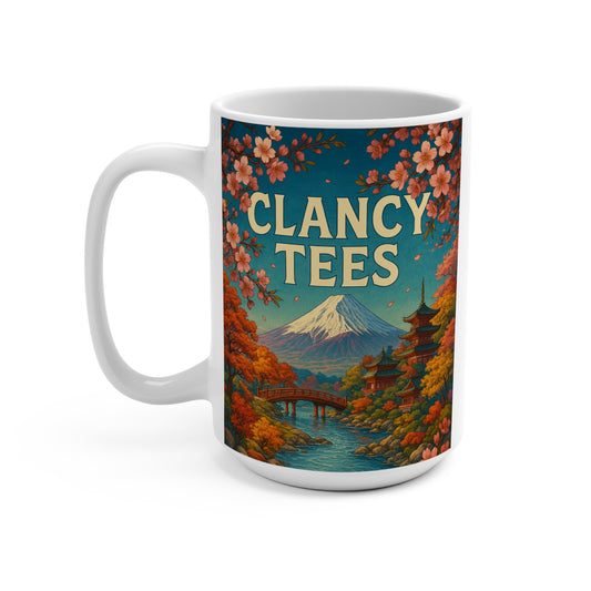 Japanese Landscape Coffee Mug Cherry Blossom Mt Fuji Ceramic Cup Tranquil River Pagoda Artwork Gift for Nature Lovers Zen Inspired Drinkware