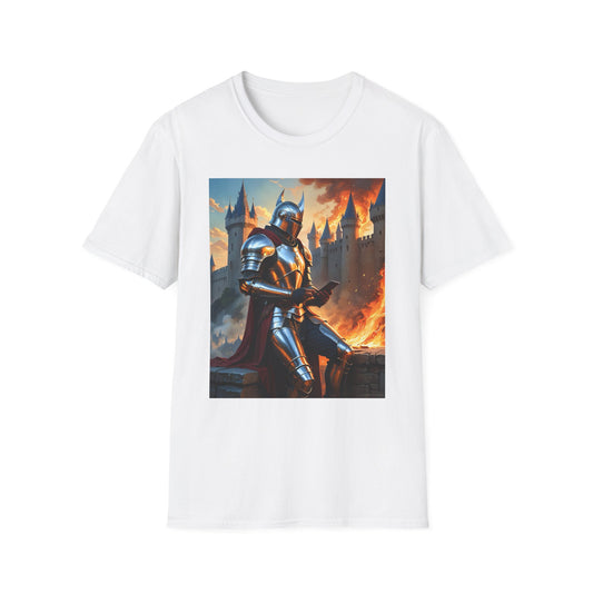 Knight in Burning Castle Shirt – Dark Fantasy Armor Tee – Gift for RPG Fans, Medieval Nerds, and Apocalyptic History Buffs