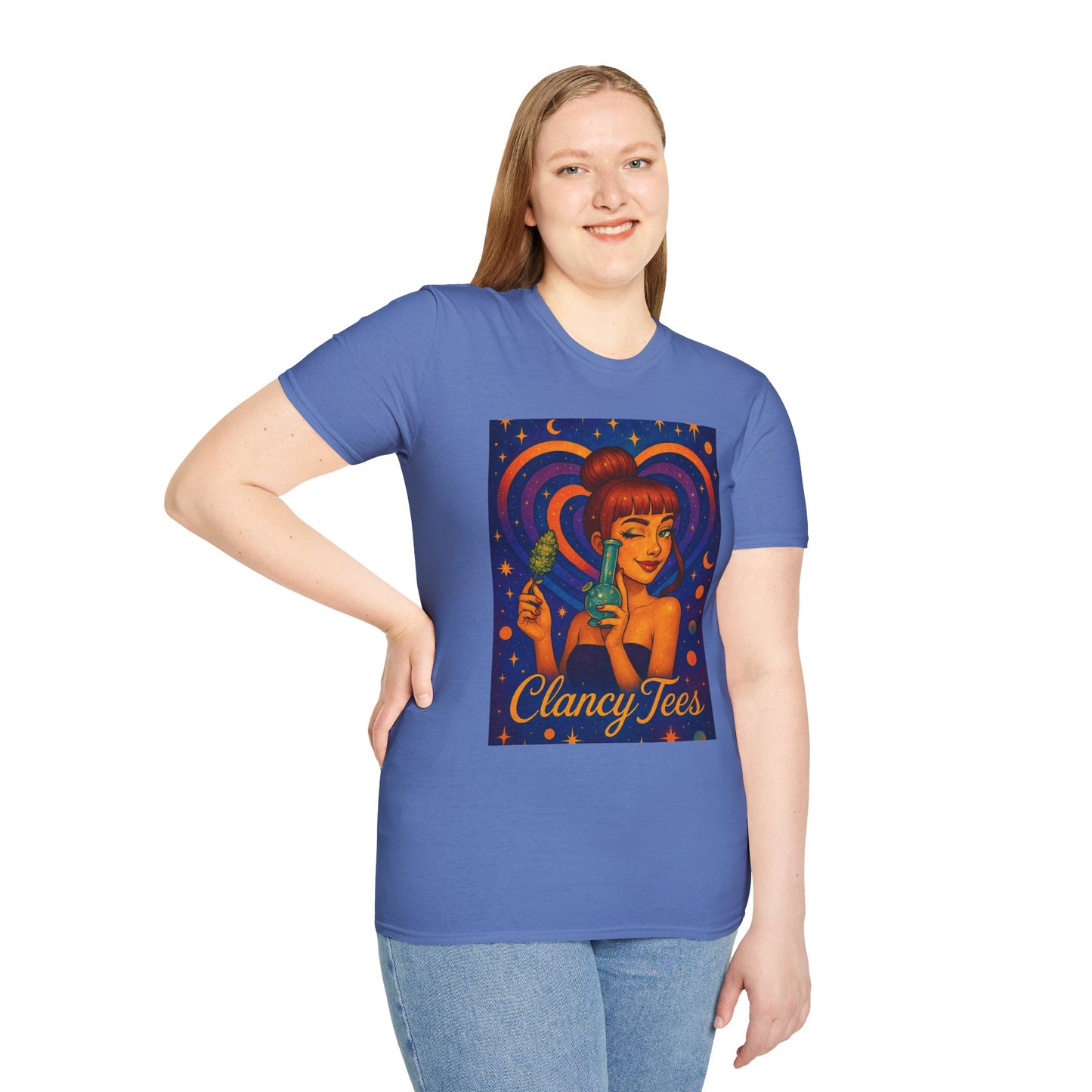 Cosmic Stoner Girl Art T-Shirt, Vintage Style Tee, Fun Summer Shirt, Gift for Art Lovers, Cute Graphic Tee, Unique Casual Wear