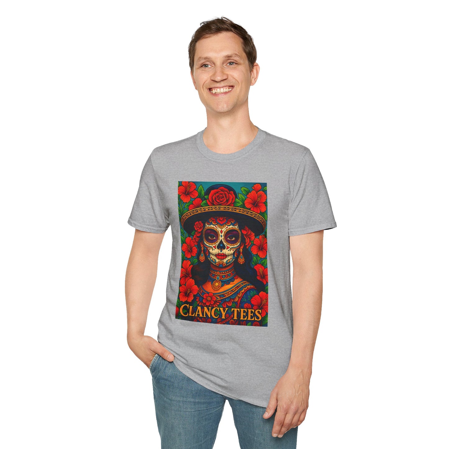 Colorful Sugar Skull T-Shirt, Day of the Dead Tee, Unique Graphic Shirt, Festival Apparel, Gift for Halloween, Unisex Softstyle Tee