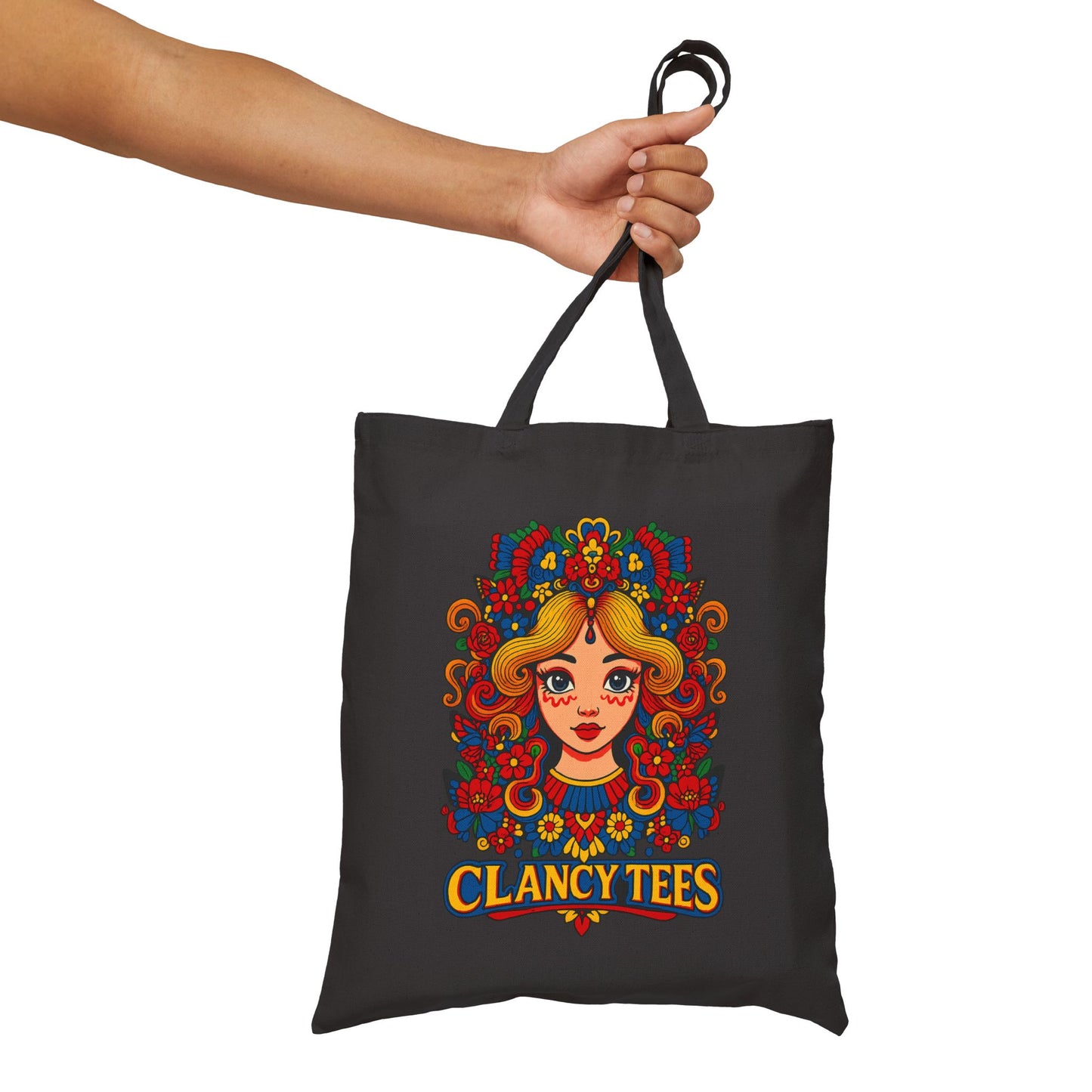 Psychedelic Art Tote Bag With Retro Floral Face Design Groovy Fashion Accessory Everyday Carry Bag Clancy Tees Artwork