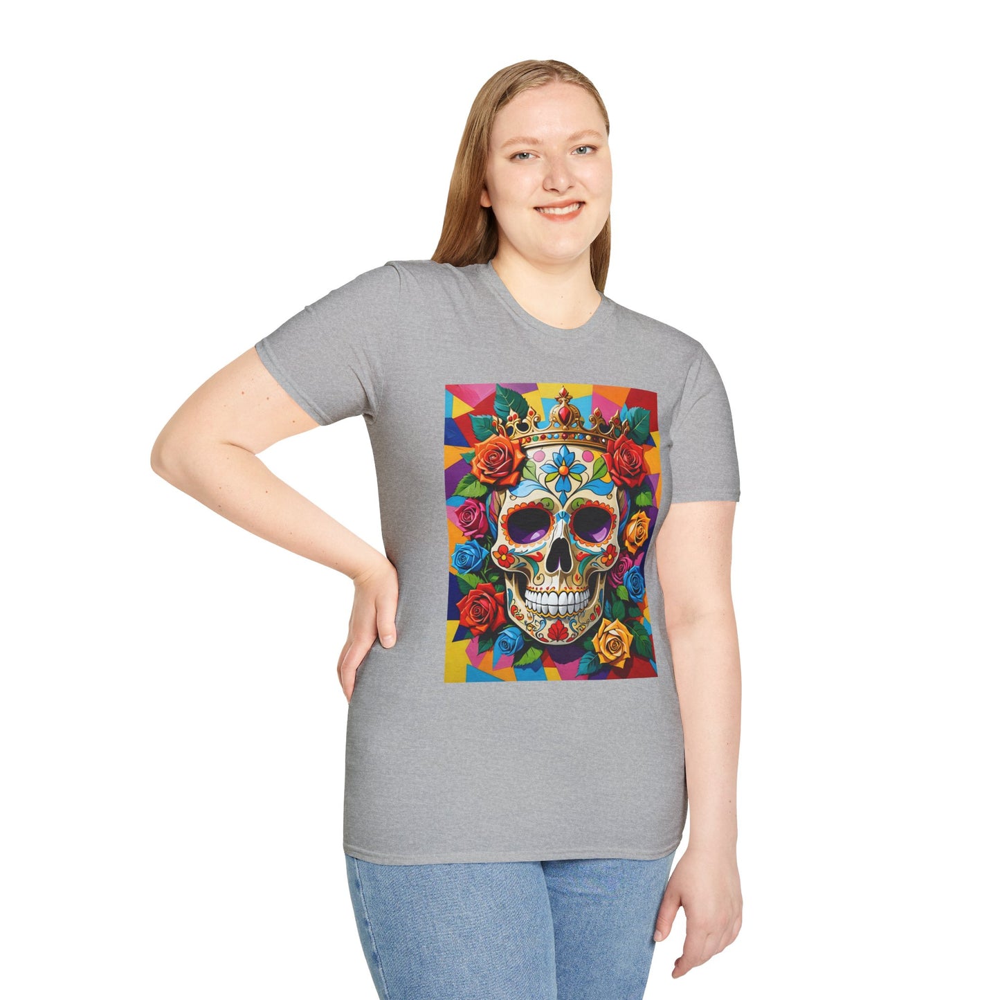 Royal Skull and Roses Shirt – Colorful Crowned Skull Tee – Gift for Halloween Fans, Tattoo Art Collectors, and Bold Fashion Enthusiasts