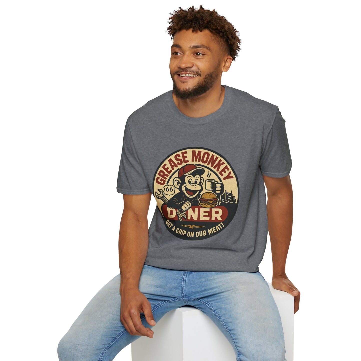 Grease Monkey Diner T-Shirt – Retro Mechanic Mascot Tee – Funny Vintage Roadside Shirt Gift for Car Guys, Grill Masters, and Route 66 Road Trip Fans
