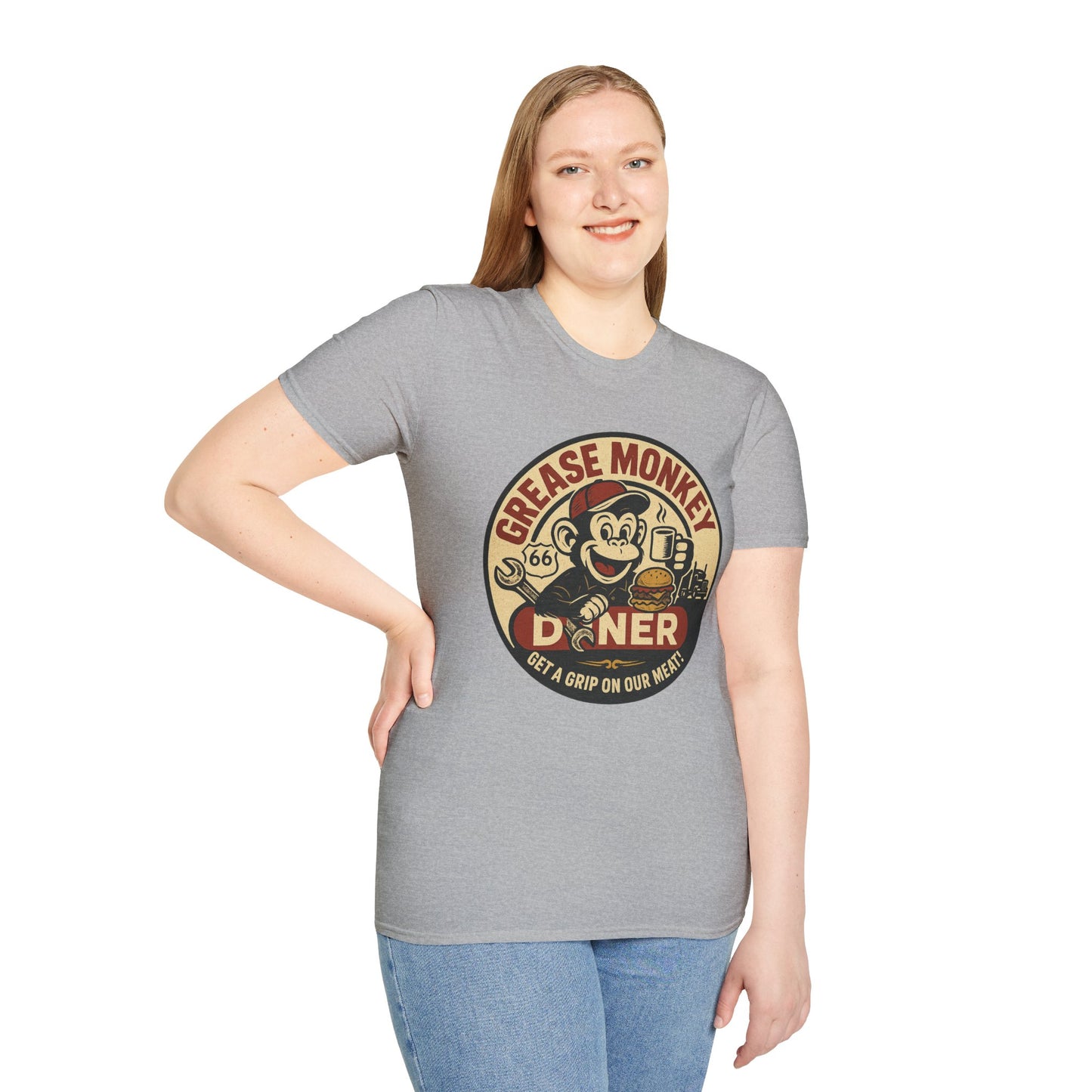 Grease Monkey Diner T-Shirt – Retro Mechanic Mascot Tee – Funny Vintage Roadside Shirt Gift for Car Guys, Grill Masters, and Route 66 Road Trip Fans