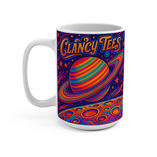 Clancy Tees Psychedelic Saturn Mug – Trippy Space Coffee Cup, Retro Galaxy Gift, Colorful Cosmic Energy Mug