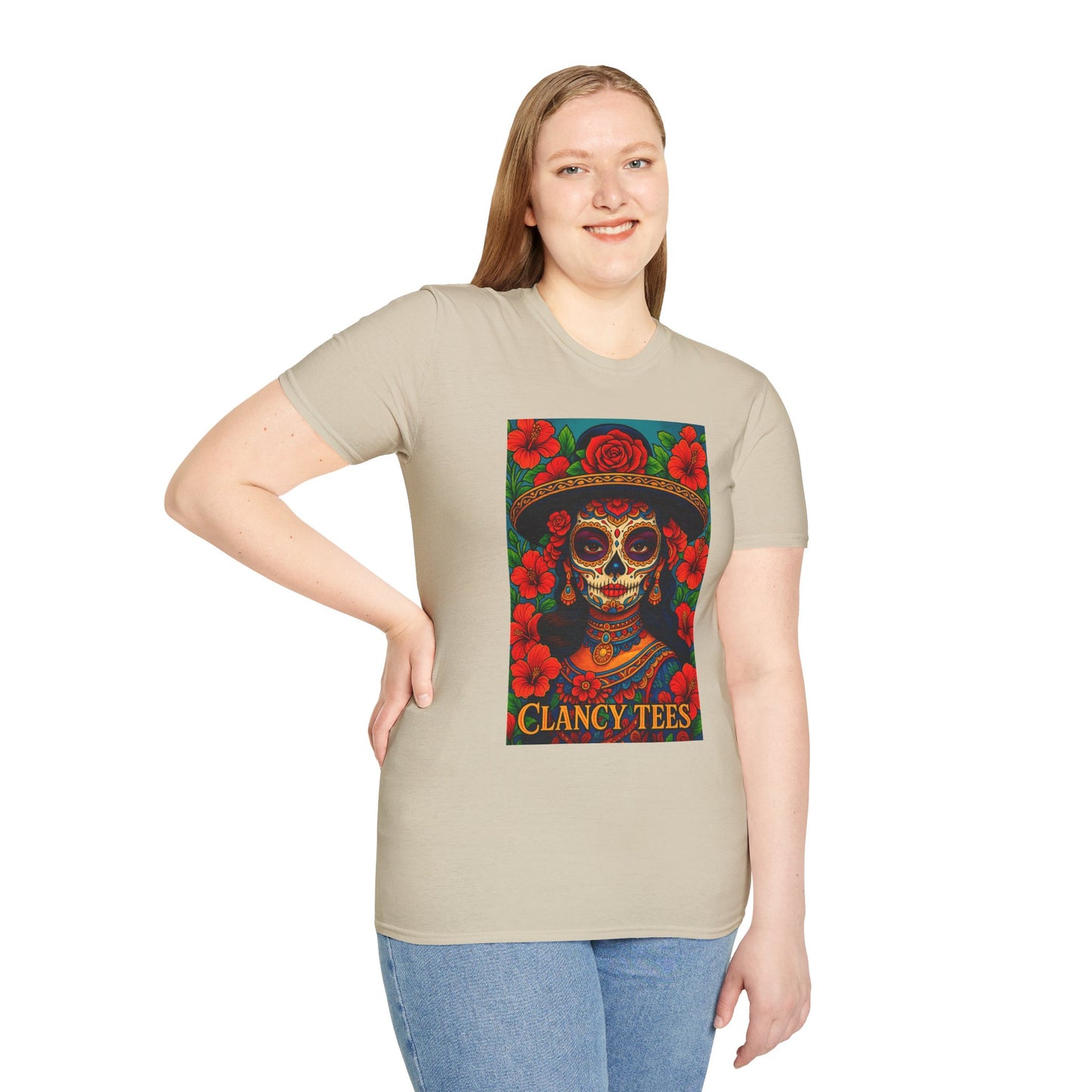 Colorful Sugar Skull T-Shirt, Day of the Dead Tee, Unique Graphic Shirt, Festival Apparel, Gift for Halloween, Unisex Softstyle Tee