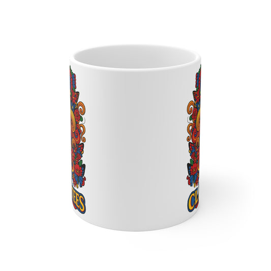 Folk Art Girl Mug 11oz Colorful Coffee Cup Boho Ceramic Gift