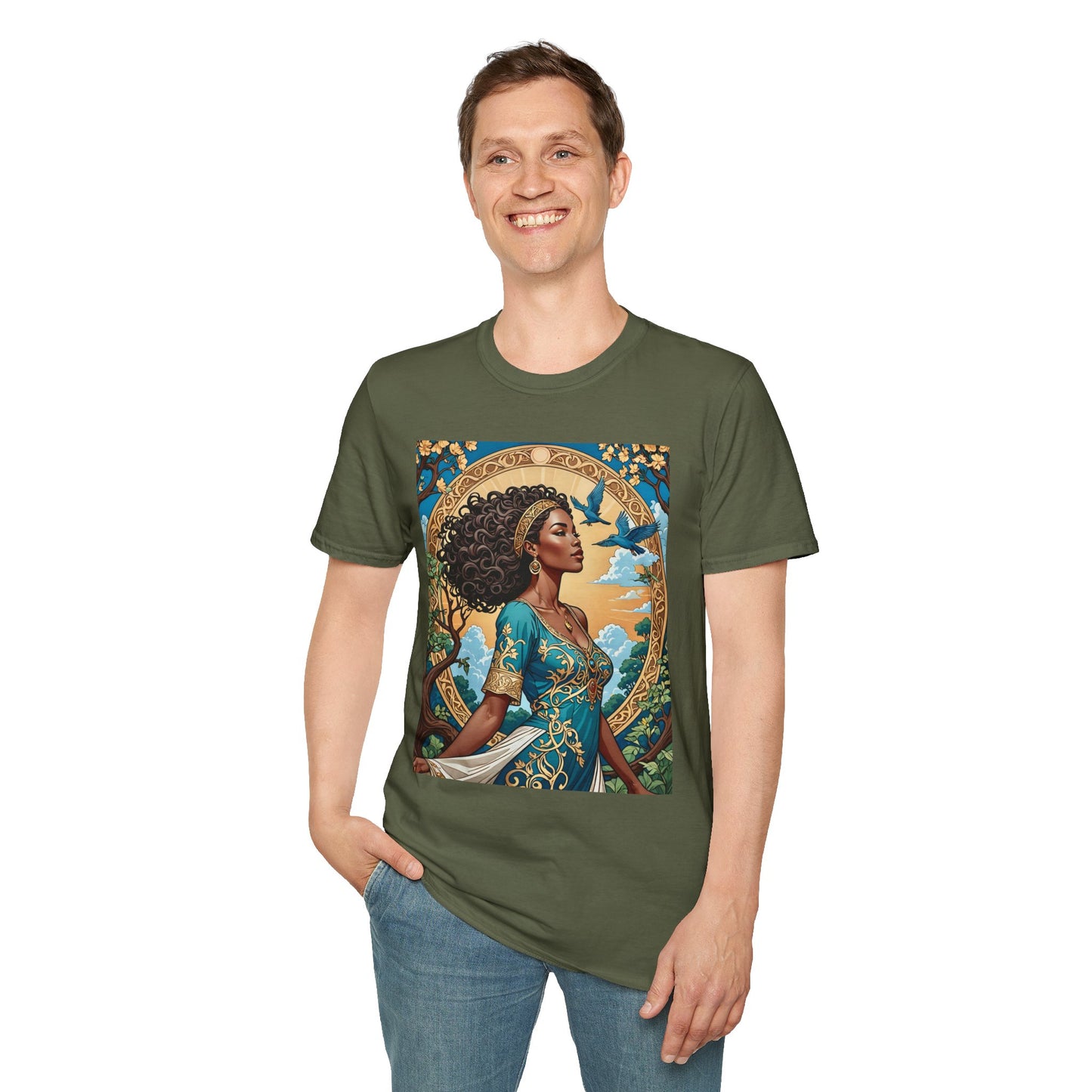 Bohemian Goddess T-Shirt, Unisex Softstyle Tee, Nature-Inspired Apparel, Gift for Women, Artistic Graphic Shirt, Eco-Friendly Fashion