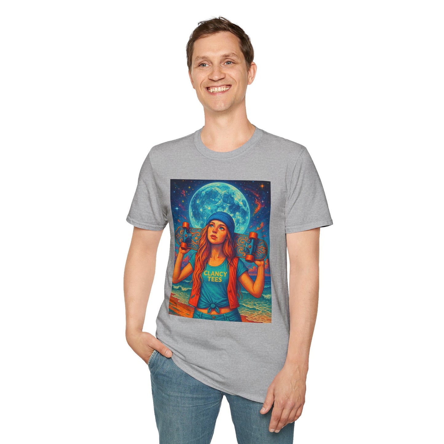 Bohemian Skater Girl Graphic Tee, Unisex T-Shirt with Moon & Nature Design, Perfect for Festivals, Gift for Nature Lovers, Summer Vibes, Casual Wear