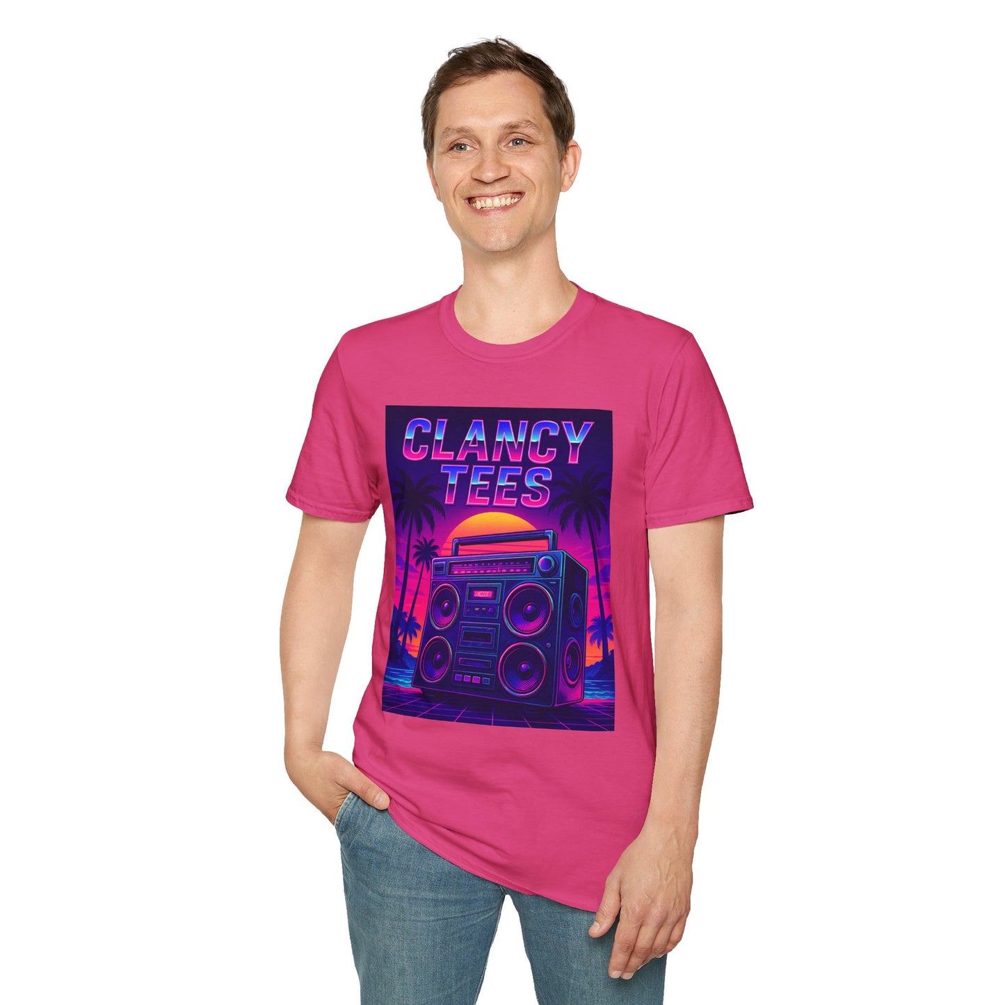 Retro Boombox Sunset Tee – Vaporwave Clancy Tees Shirt – Gift for 80s Kids, Music Lovers, Synthwave Fans & Nostalgic Neon Dreamers