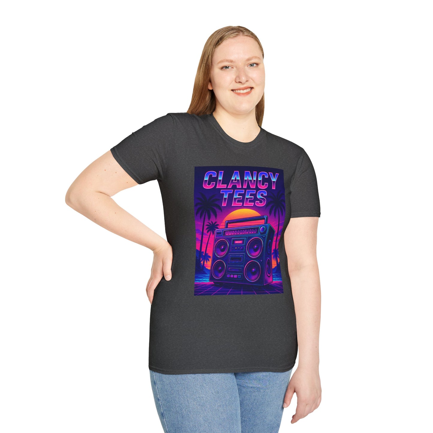 Retro Boombox Sunset Tee – Vaporwave Clancy Tees Shirt – Gift for 80s Kids, Music Lovers, Synthwave Fans & Nostalgic Neon Dreamers