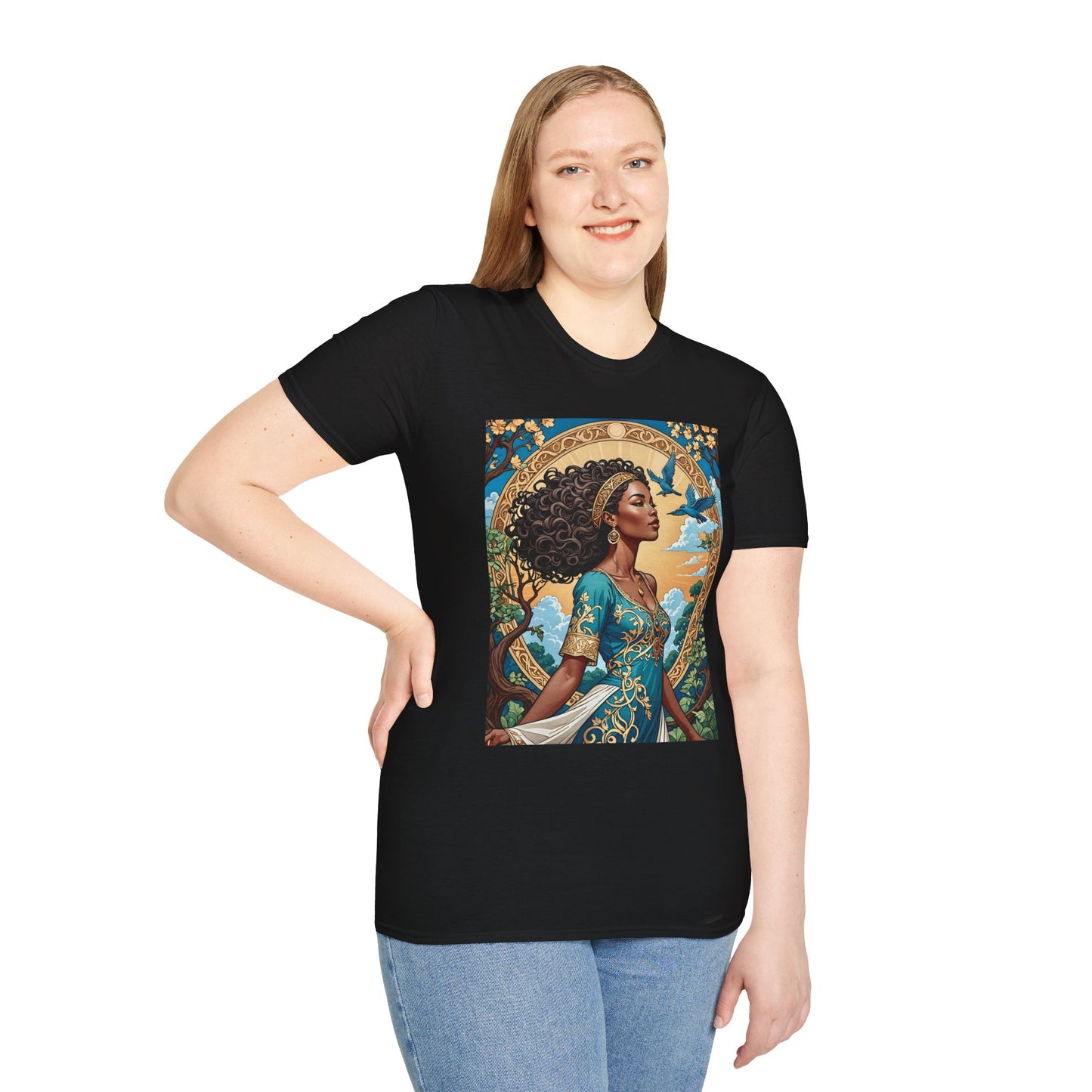 Bohemian Goddess T-Shirt, Unisex Softstyle Tee, Nature-Inspired Apparel, Gift for Women, Artistic Graphic Shirt, Eco-Friendly Fashion