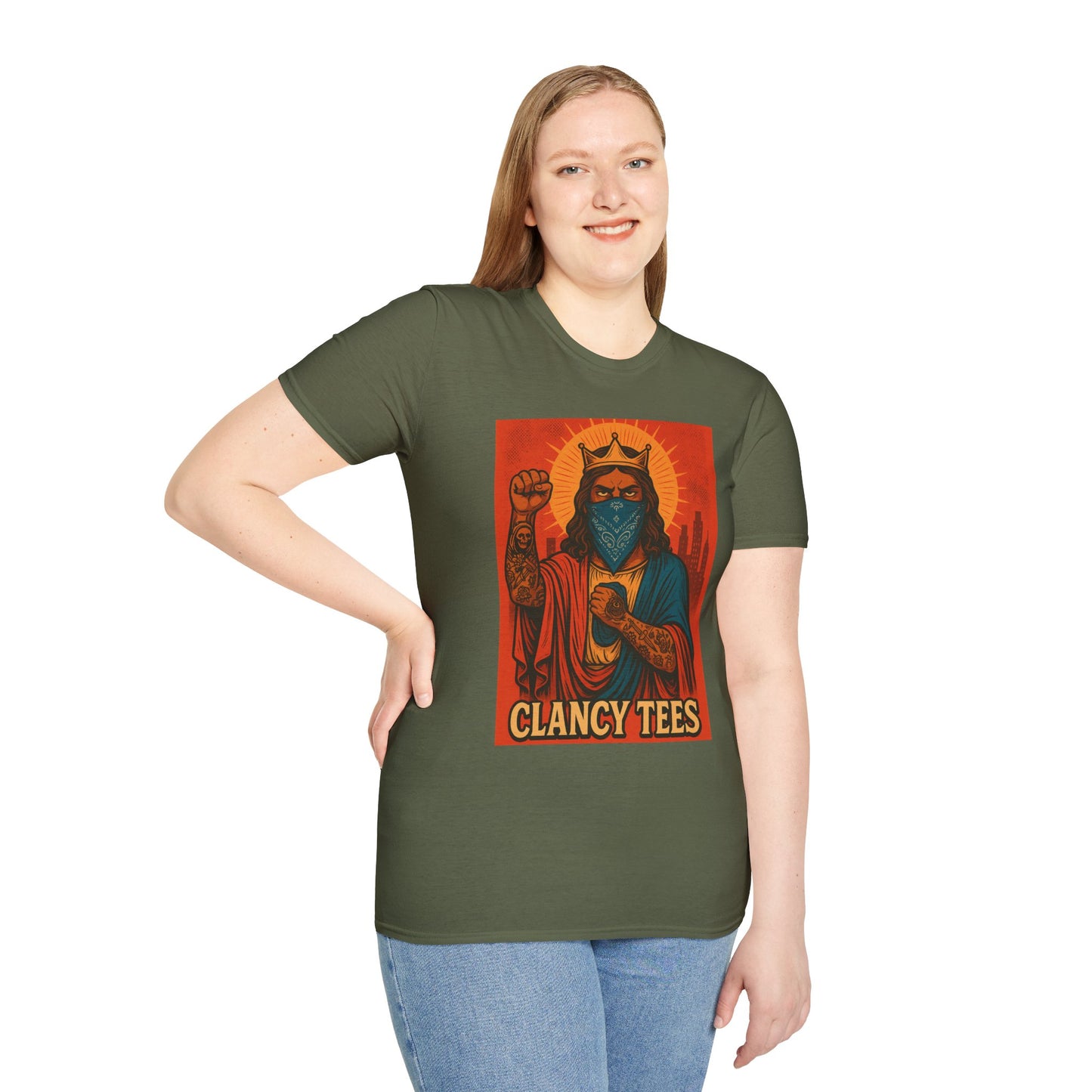 Tattooed Jesus Street Art Shirt – Clancy Tees | Urban Messiah Graphic Tee | Bold Religious Satire Shirt | King of the Block Tee
