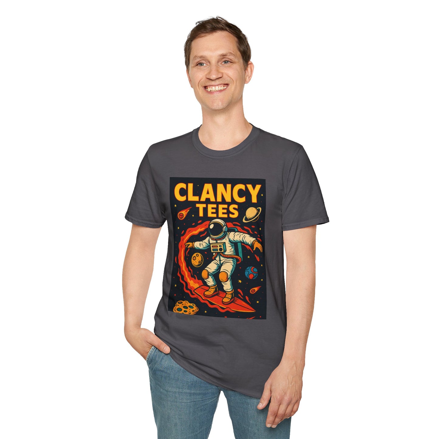 Astronaut Surfing T-Shirt – Outer Space Surfer Tee – Gift for Sci-Fi Beach Bums, Stoner Surfers, and Cosmic Wave Riders