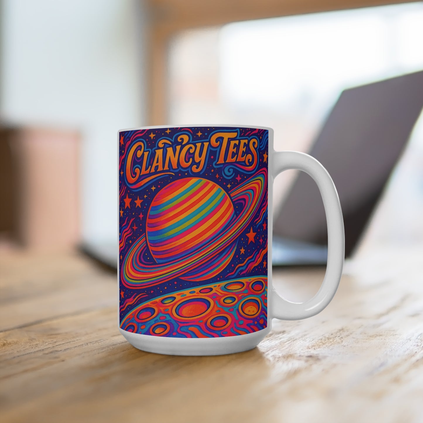 Clancy Tees Psychedelic Saturn Mug – Trippy Space Coffee Cup, Retro Galaxy Gift, Colorful Cosmic Energy Mug