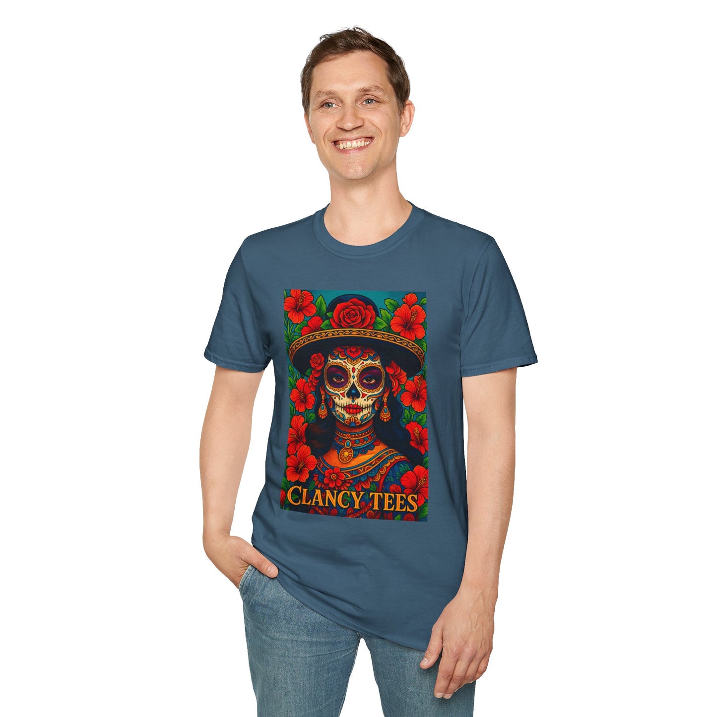 Colorful Sugar Skull T-Shirt, Day of the Dead Tee, Unique Graphic Shirt, Festival Apparel, Gift for Halloween, Unisex Softstyle Tee