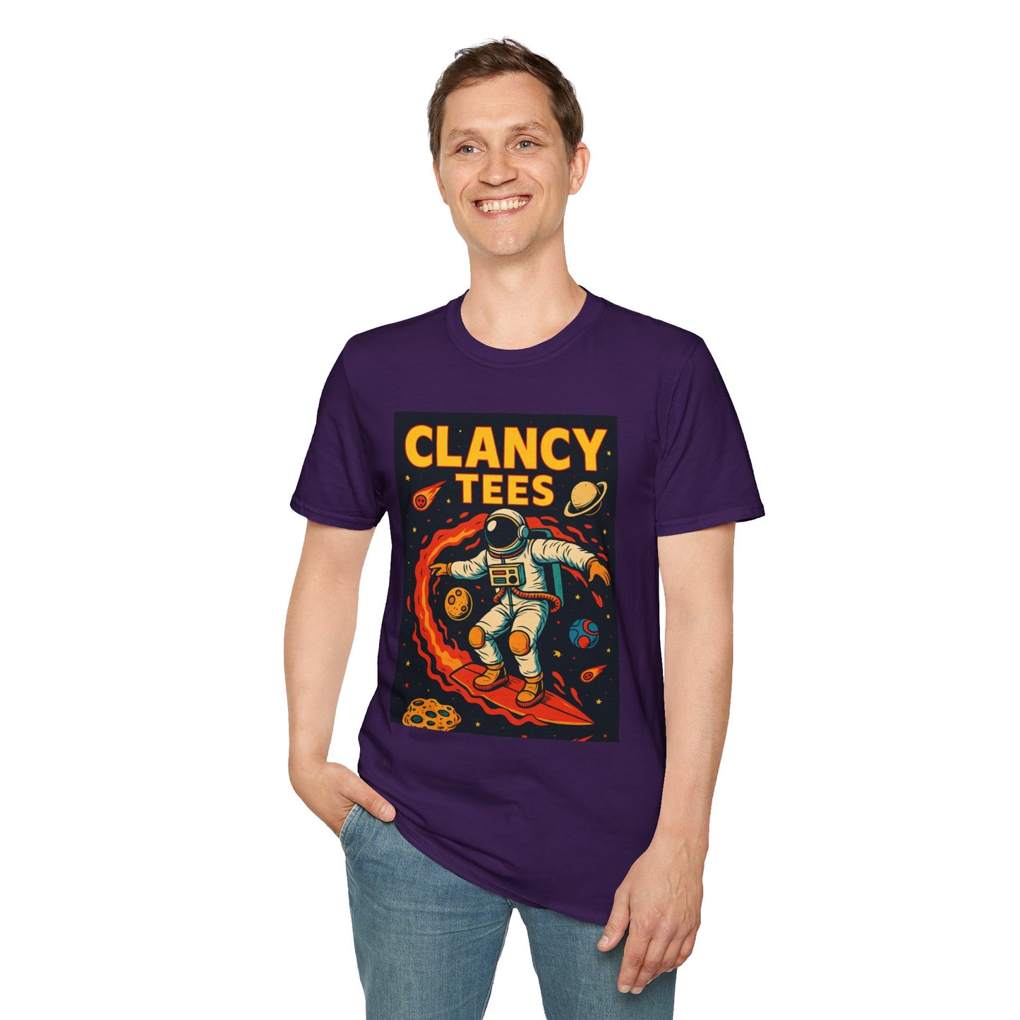 Astronaut Surfing T-Shirt – Outer Space Surfer Tee – Gift for Sci-Fi Beach Bums, Stoner Surfers, and Cosmic Wave Riders