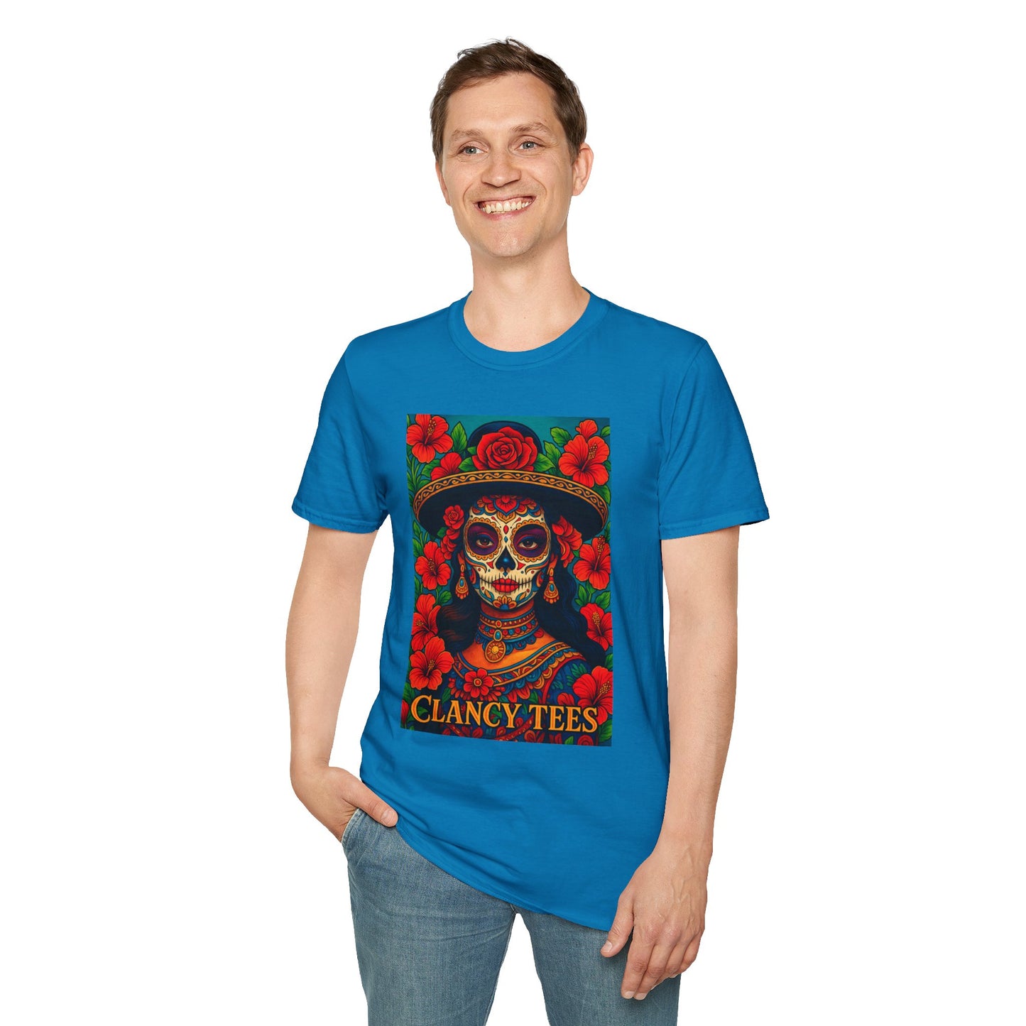 Colorful Sugar Skull T-Shirt, Day of the Dead Tee, Unique Graphic Shirt, Festival Apparel, Gift for Halloween, Unisex Softstyle Tee