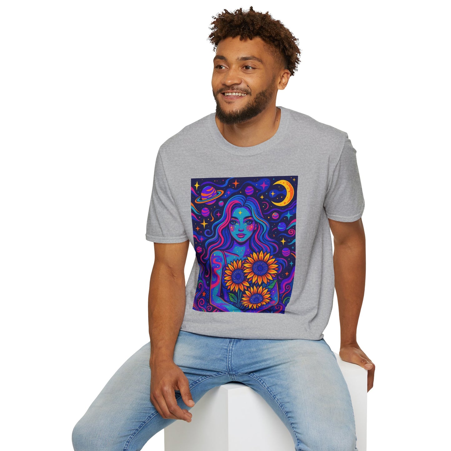 Psychedelic Sunflower Girl Shirt Trippy Space Goddess Tee Gift for Astrology Lovers Cosmic Art T Shirt for Hippies Star Gazers and Moon Magic Fans