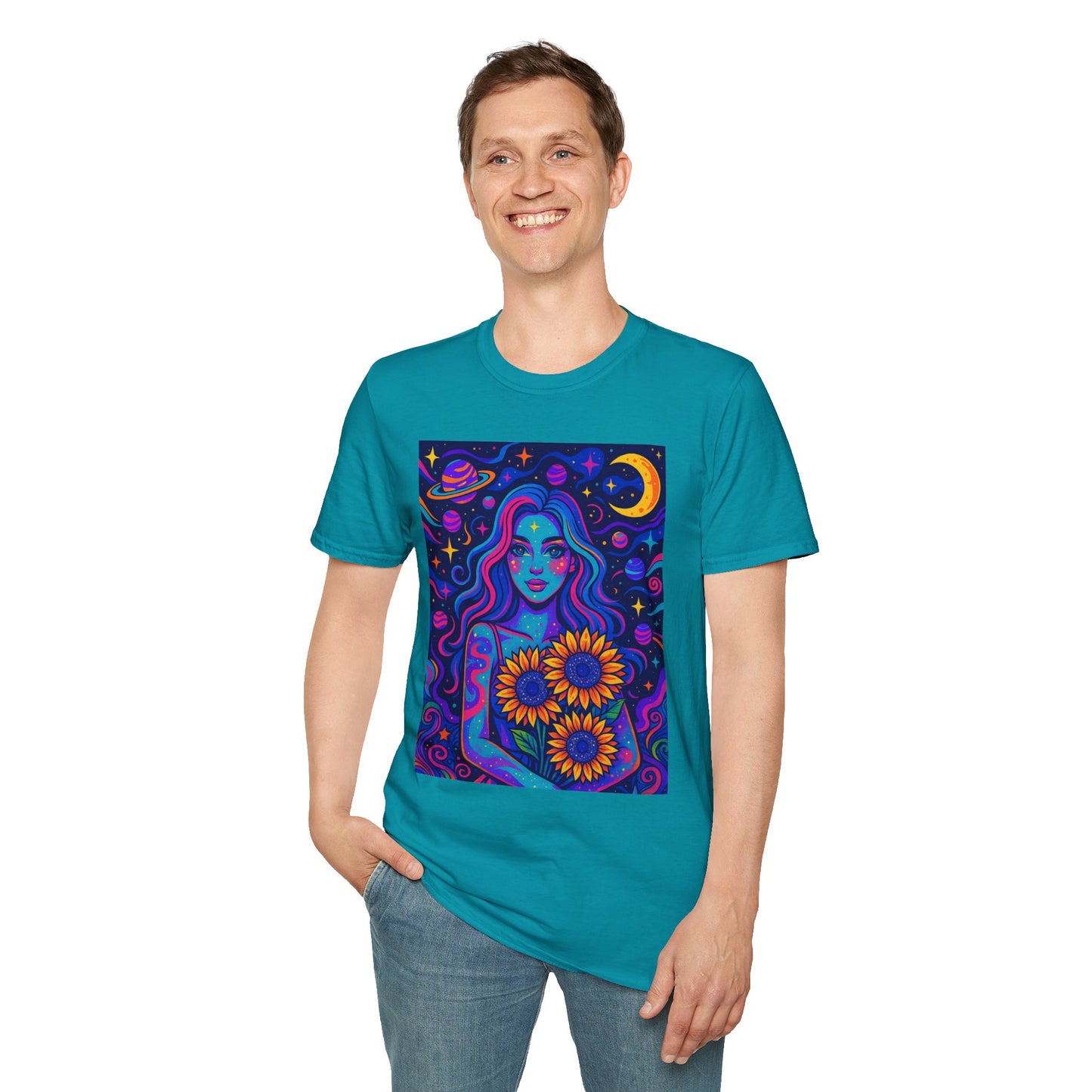 Psychedelic Sunflower Girl Shirt Trippy Space Goddess Tee Gift for Astrology Lovers Cosmic Art T Shirt for Hippies Star Gazers and Moon Magic Fans