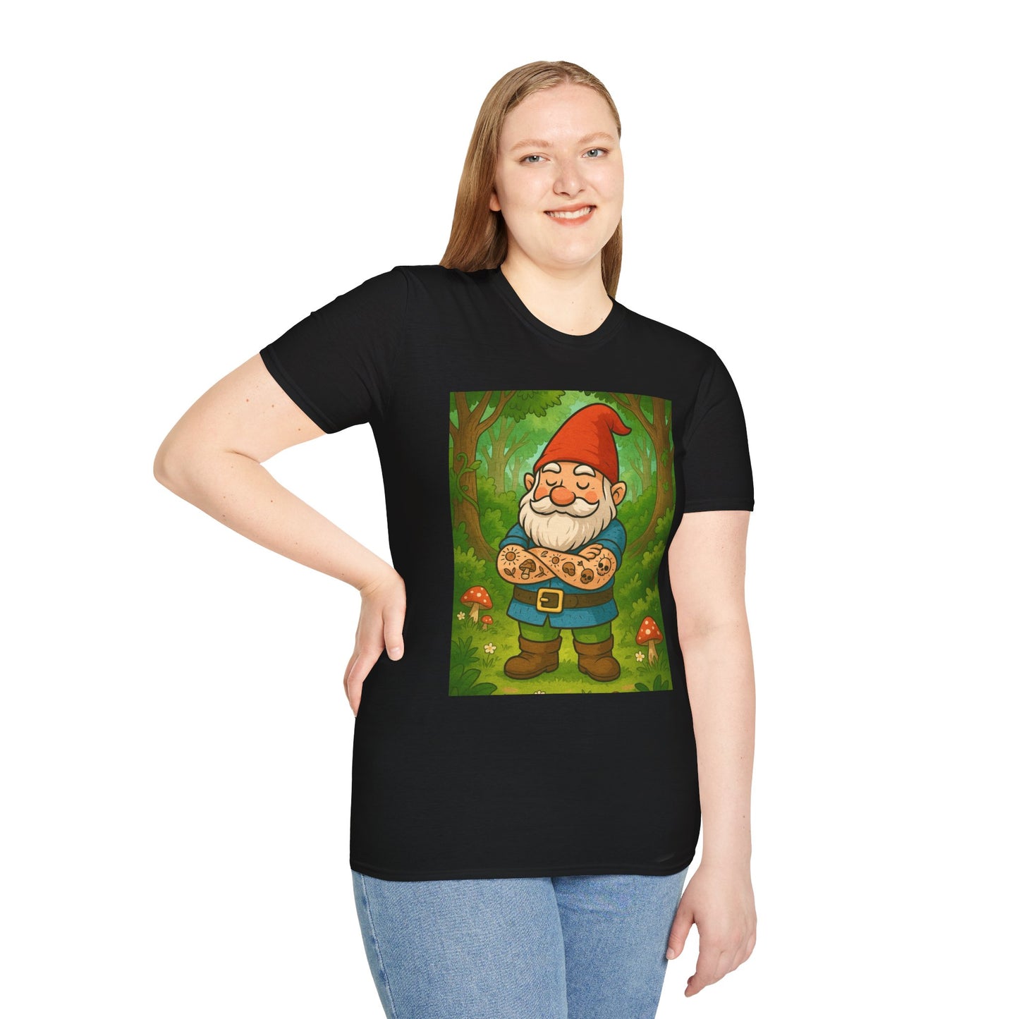 Tattooed Gnome T-Shirt – Funny Forest Inked Gnome Tee – Whimsical Tattoo Garden Shirt Gift for Mushroom Lovers, Gardeners, and Fantasy Fans